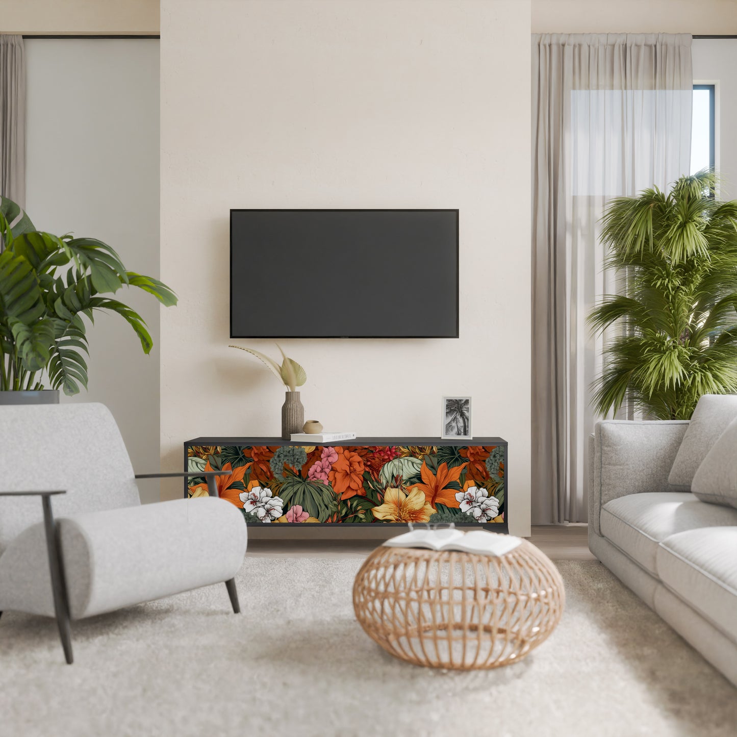 RADIANT FLORA 3-dörrars TV-bänk i svart finish