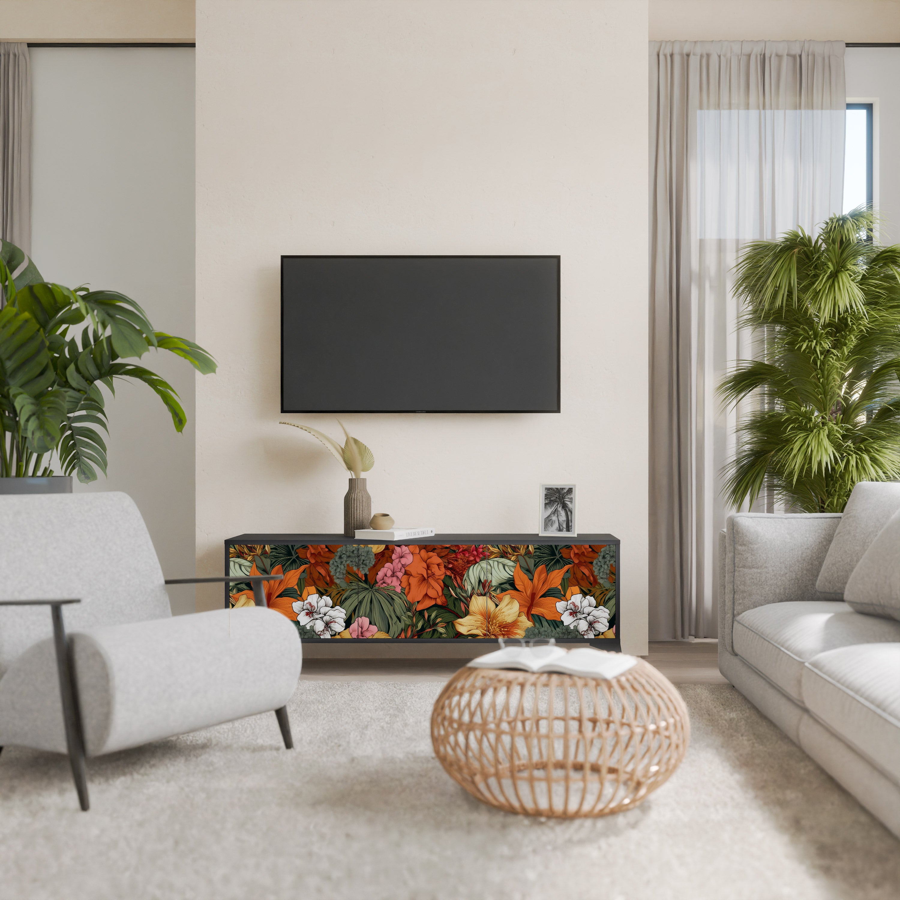 RADIANT FLORA 3-dörrars TV-bänk i svart finish