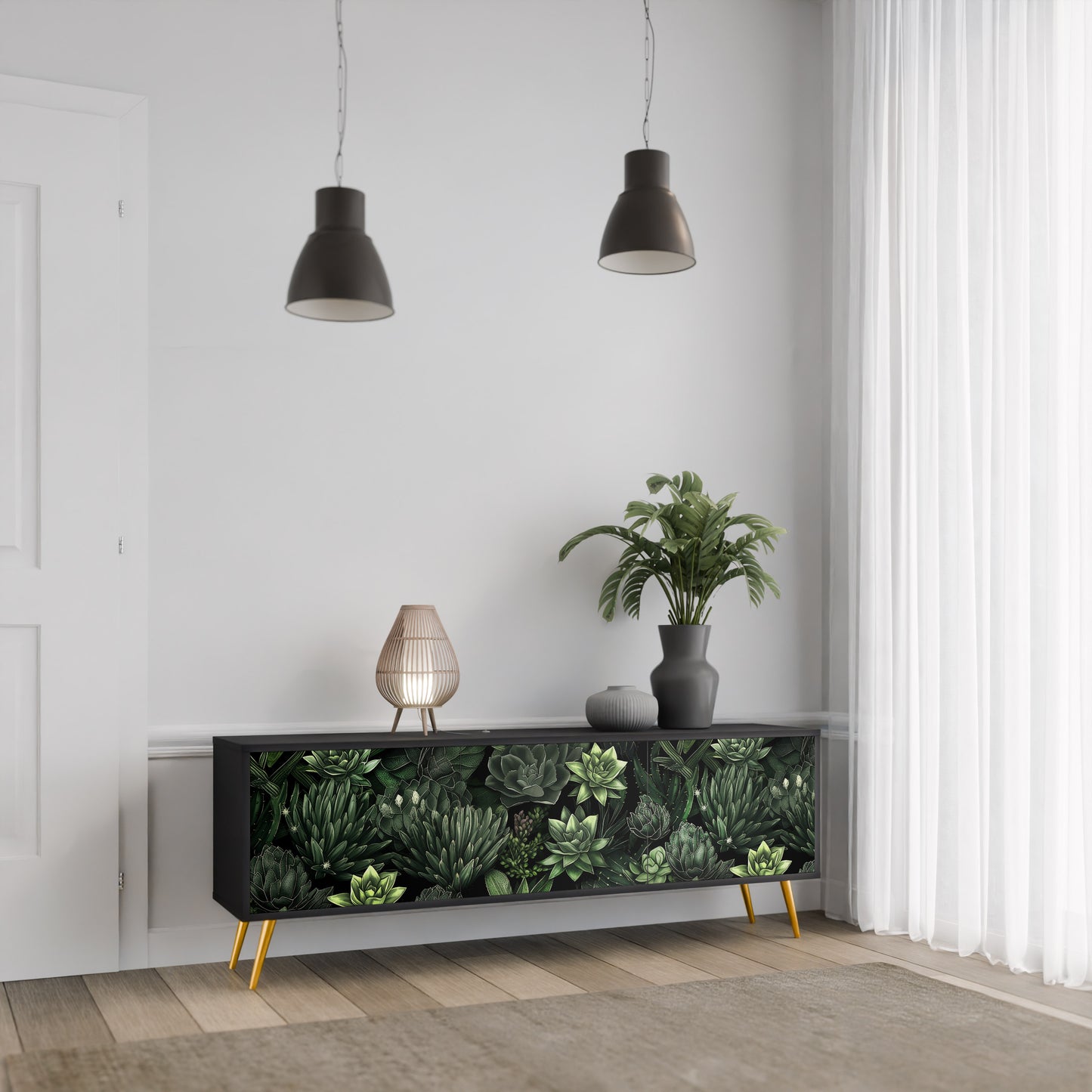 SUCCULENT JUNGLE 3-dörrars TV-bänk i svart finish
