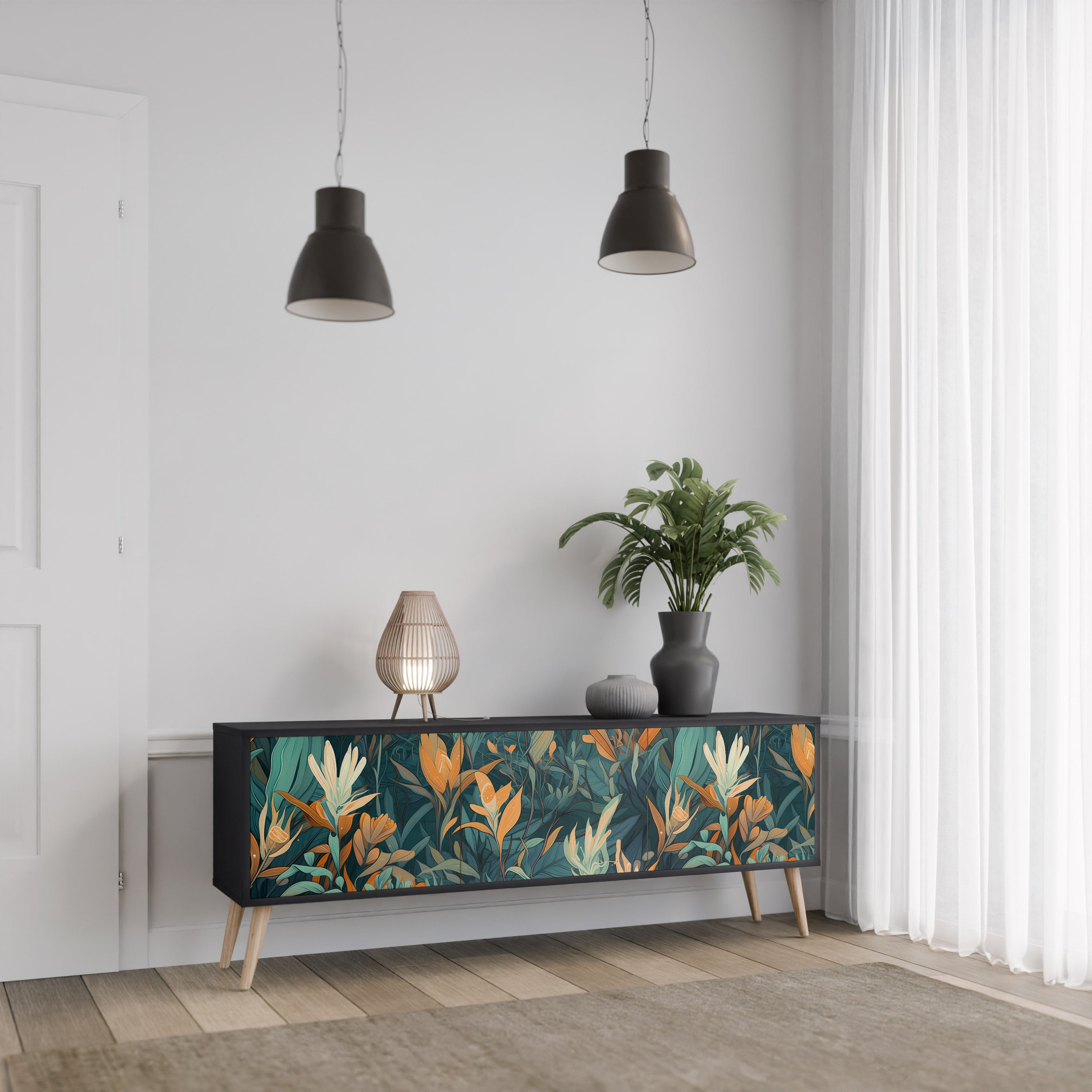 FLORAL SERENITY 3-dörrars TV-bänk i svart finish