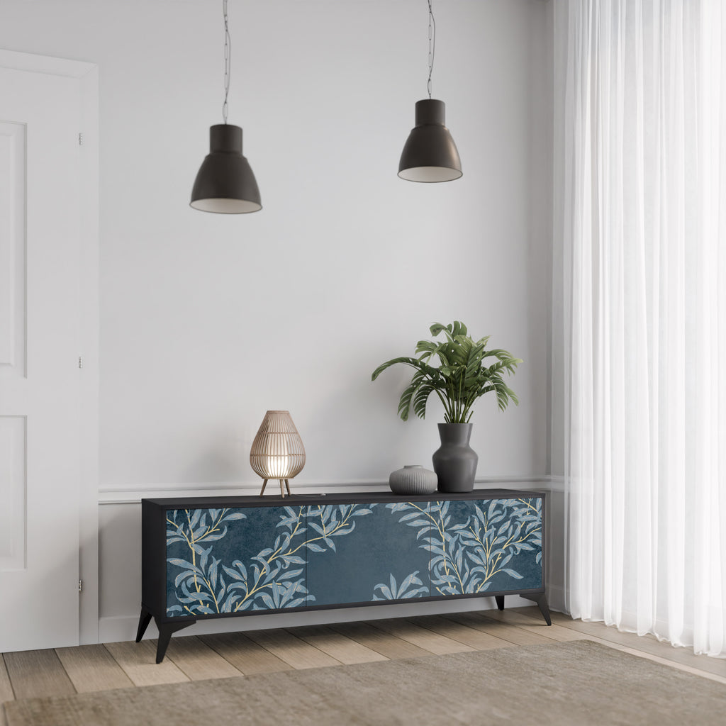 BLUE LEAVES 3-dörrars TV-bänk i svart finish