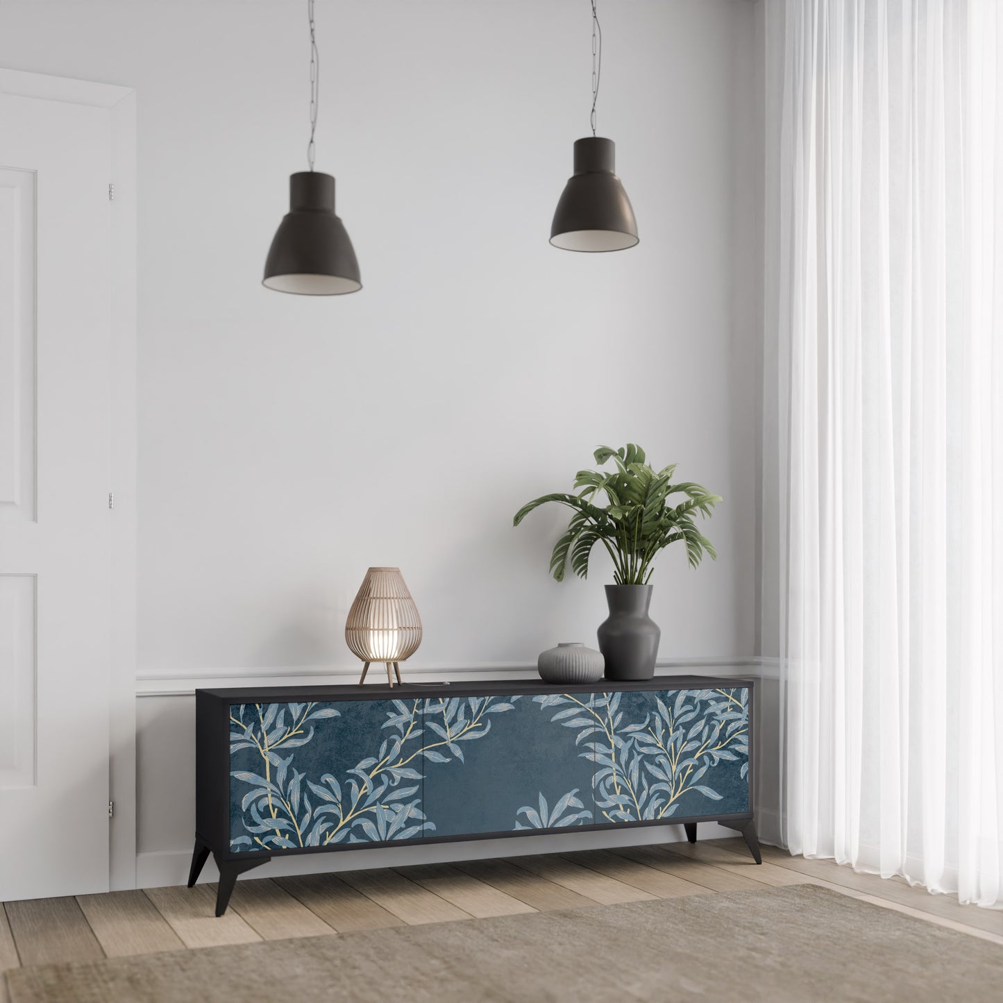 BLUE LEAVES 3-dörrars TV-bänk i svart finish