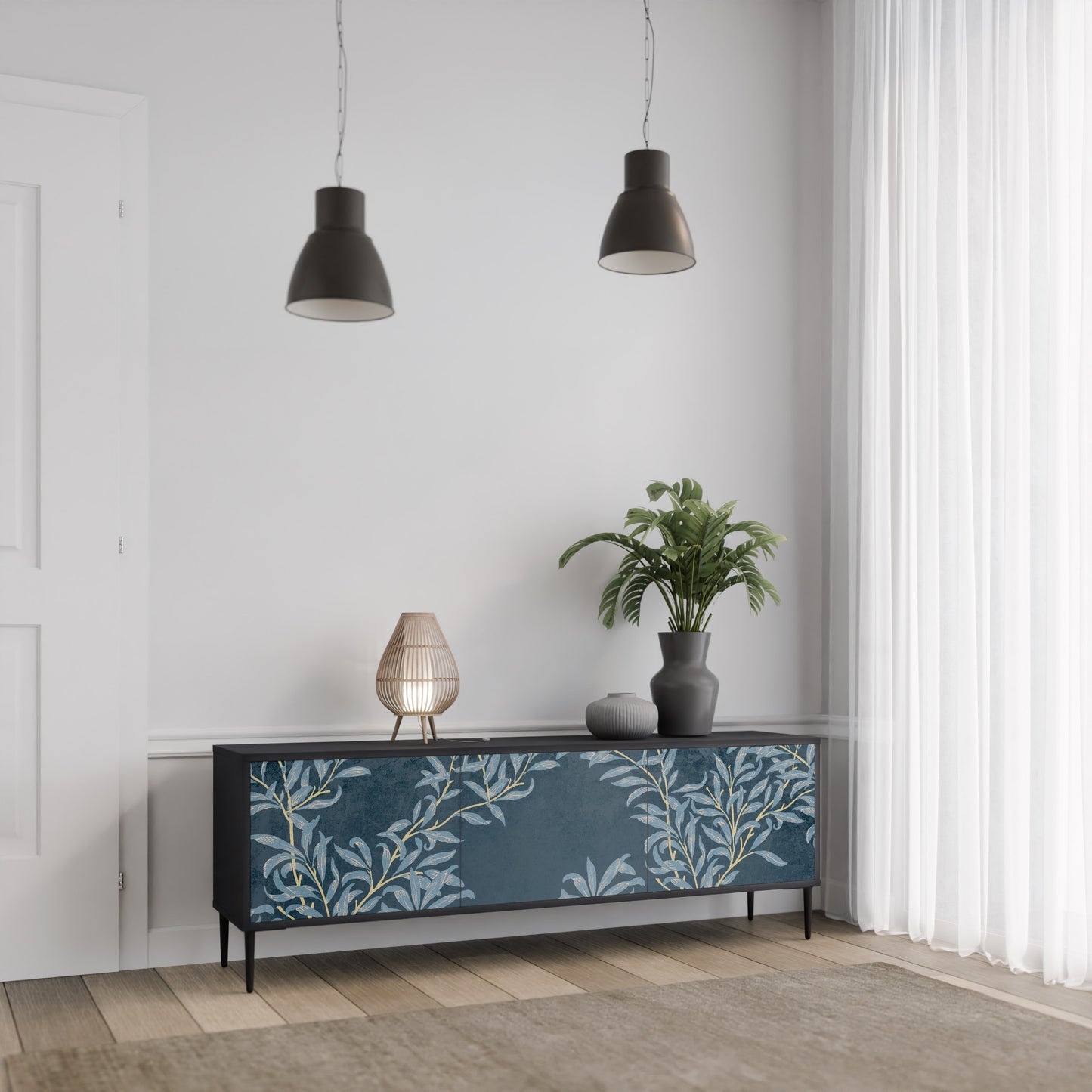 BLUE LEAVES 3-dörrars TV-bänk i svart finish