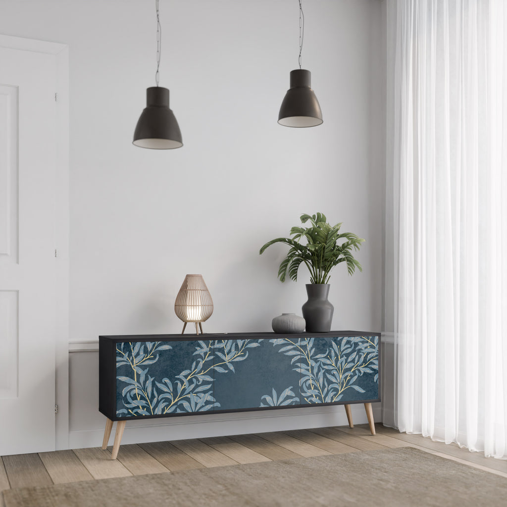 BLUE LEAVES 3-dörrars TV-bänk i svart finish