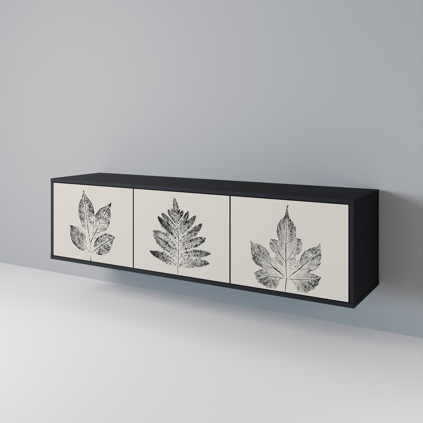 LEAFY STAMPS 3-dörrars TV-bänk i svart finish