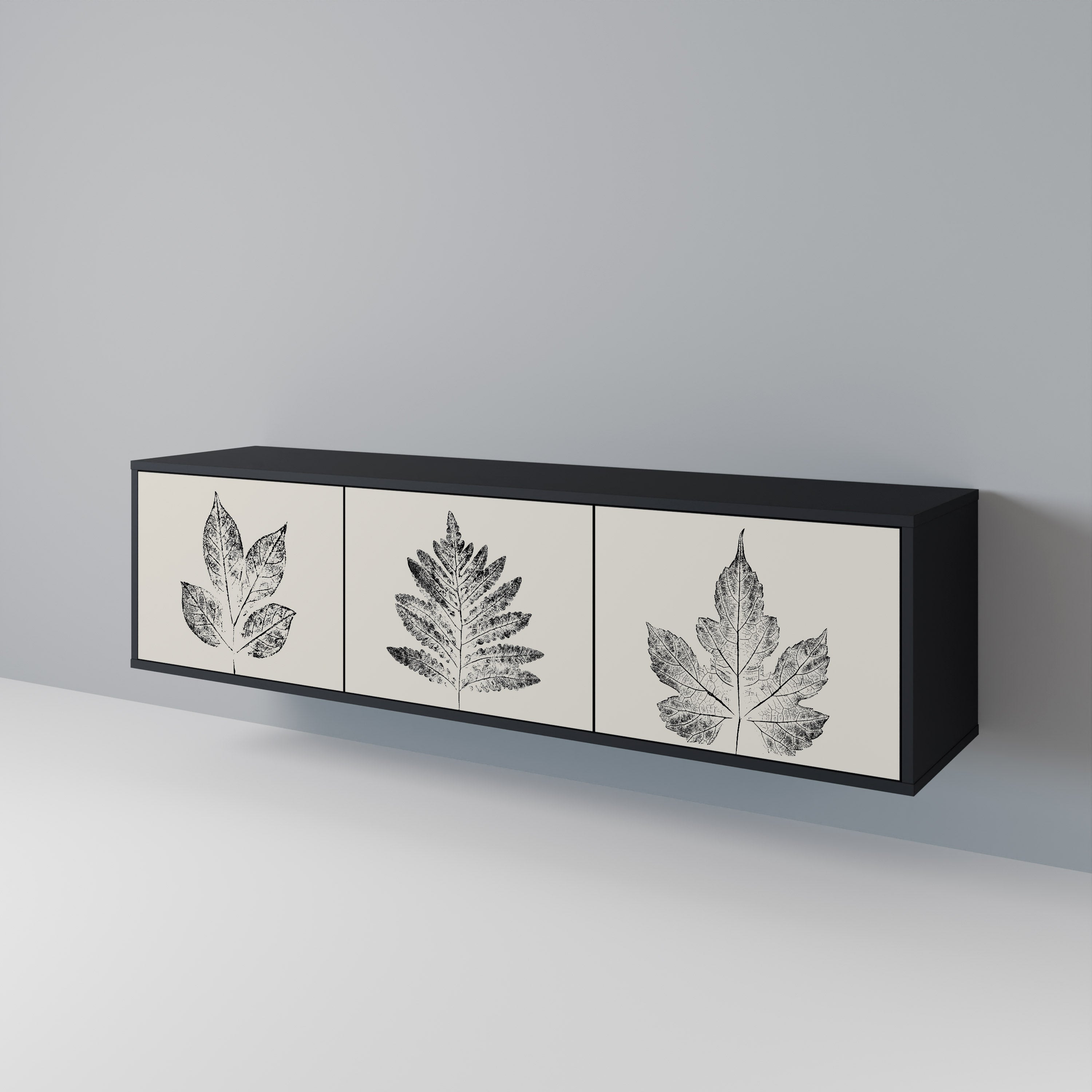 LEAFY STAMPS 3-dörrars TV-bänk i svart finish