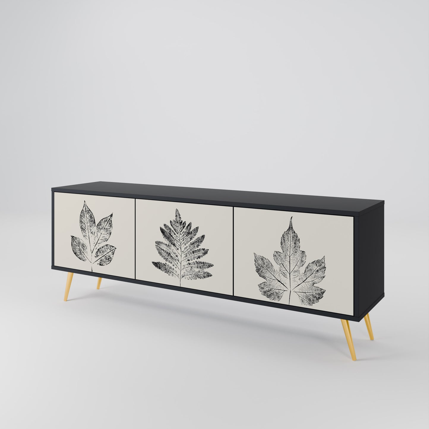 LEAFY STAMPS 3-dörrars TV-bänk i svart finish