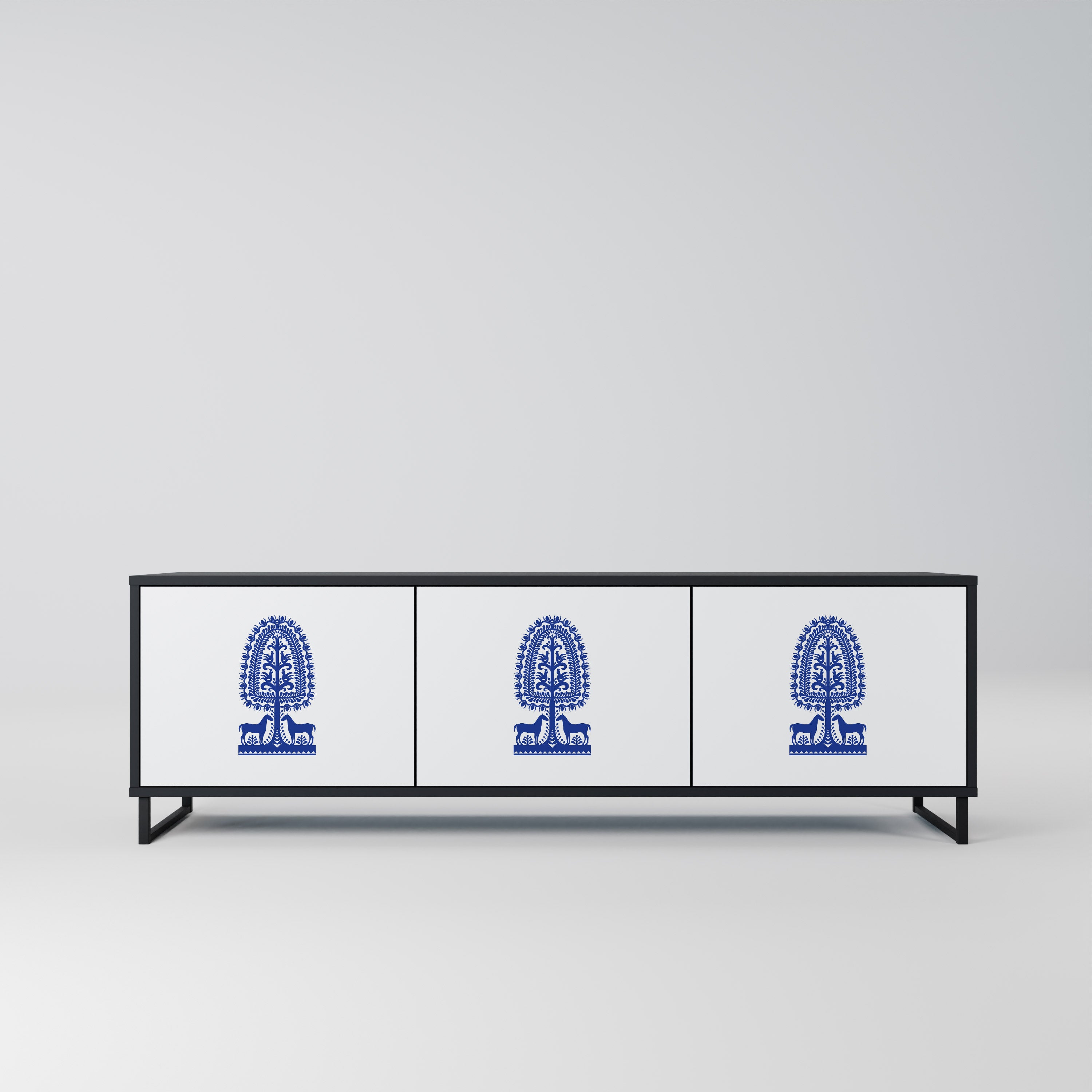 POLISH FOLK ART 3-dörrars TV-bänk i svart finish