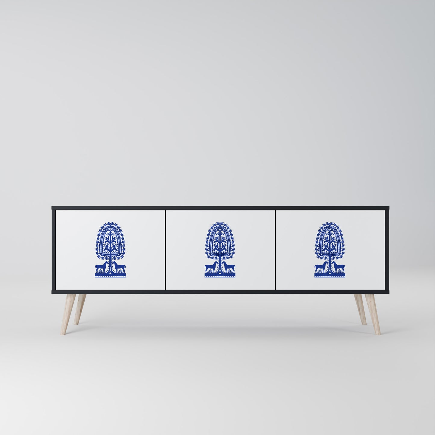 POLISH FOLK ART 3-dörrars TV-bänk i svart finish