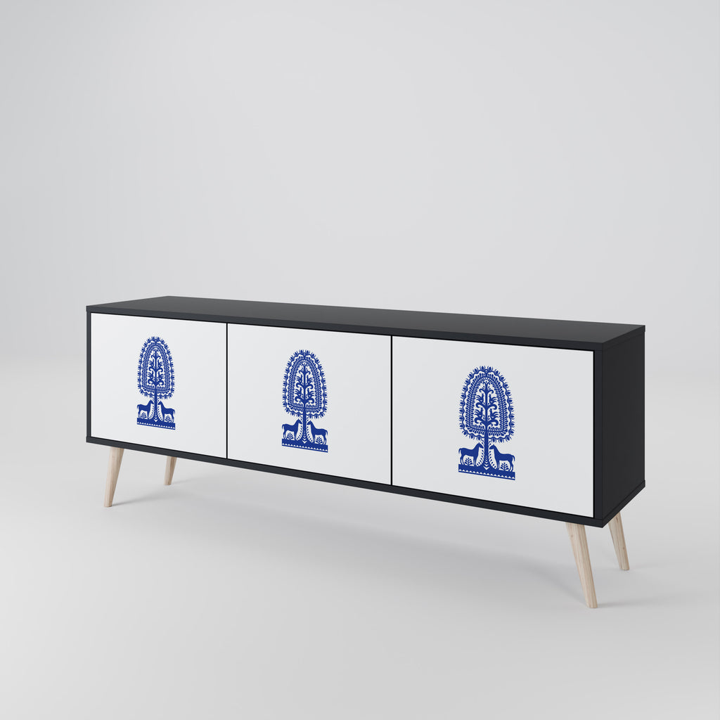 POLISH FOLK ART 3-dörrars TV-bänk i svart finish