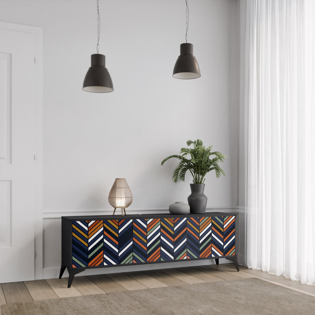 VIBRANT PATCHWORK 3-dörrars TV-bänk i svart finish