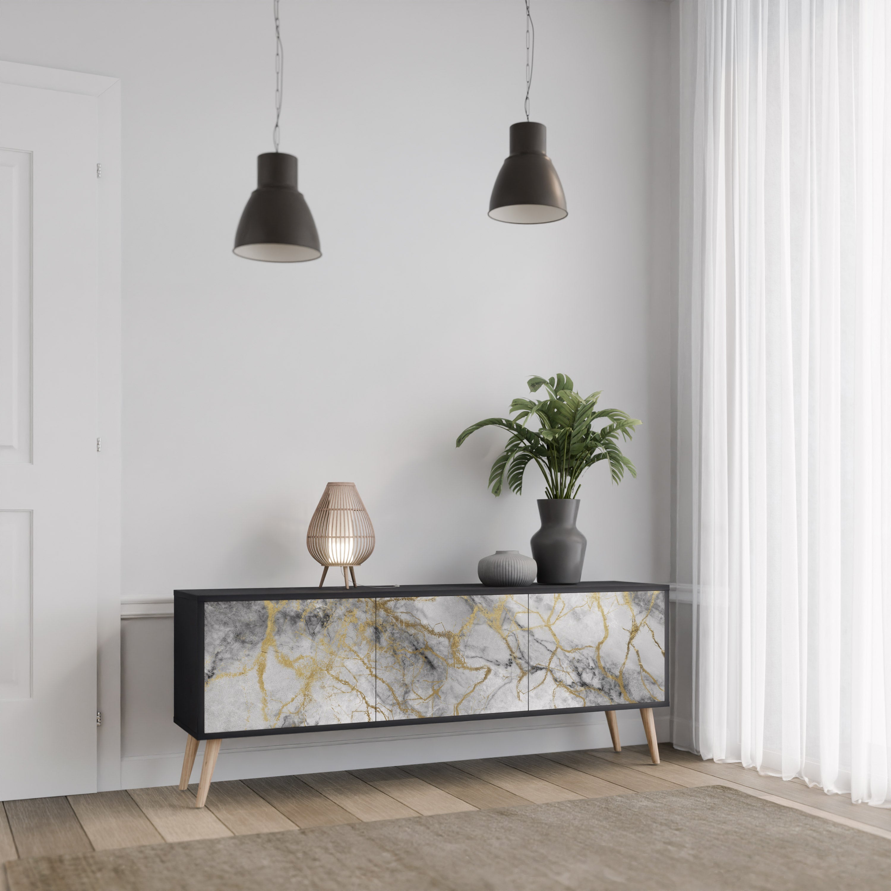 TIMELESS GLIDE 3-dörrars TV-bänk i svart finish