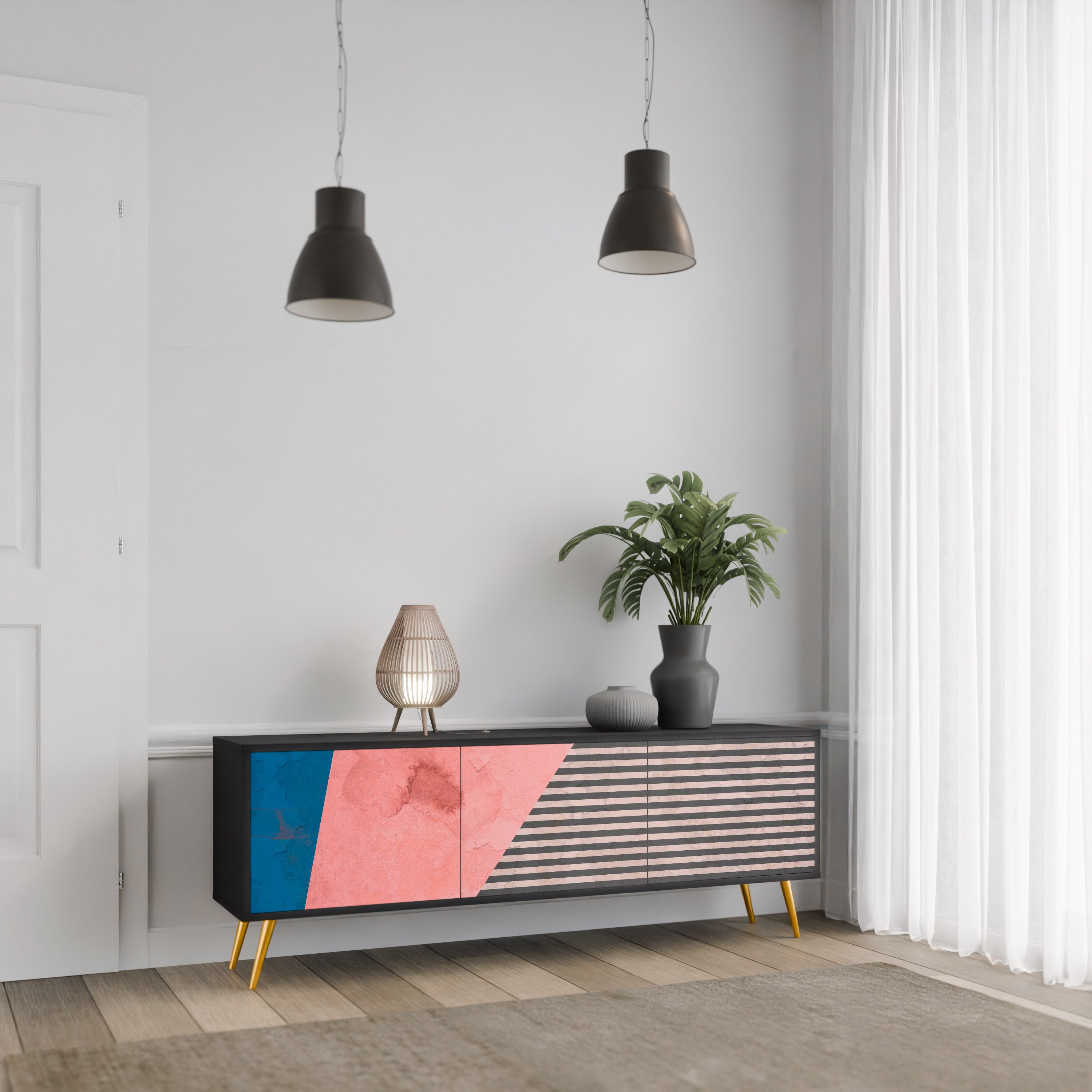 GLAMÖR STRIPE 3-dörrars TV-bänk i svart finish