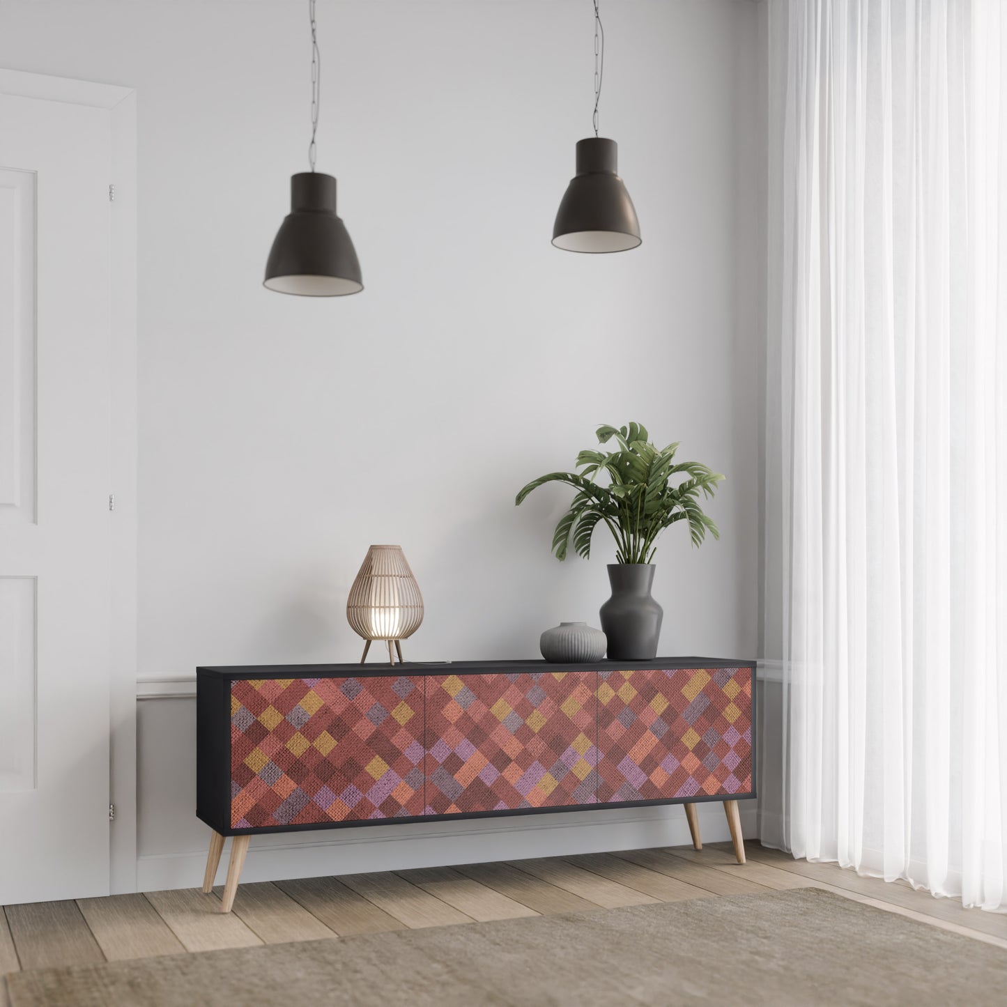 PAINTED SQUARES 3-dörrars TV-bänk i svart finish