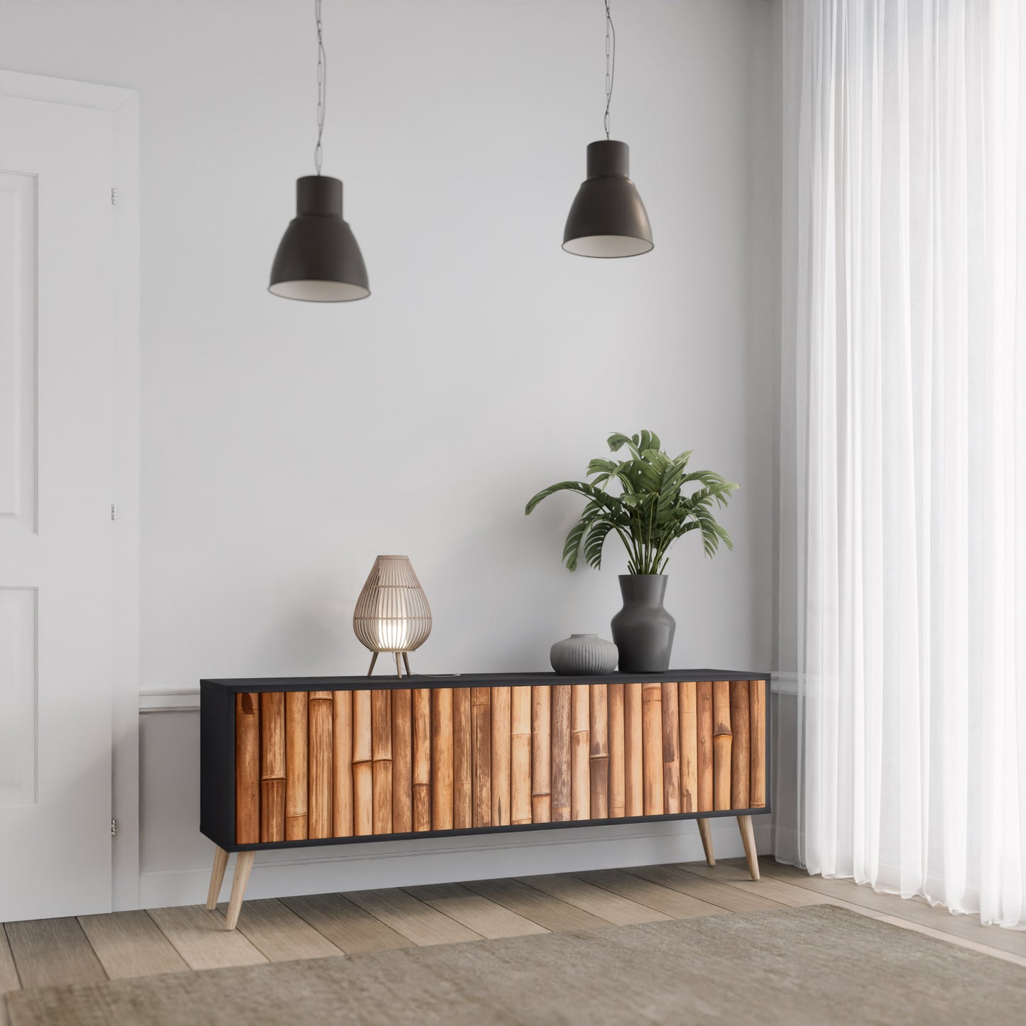 NATURAL TRÄ 3-dörrars TV-bänk i svart finish