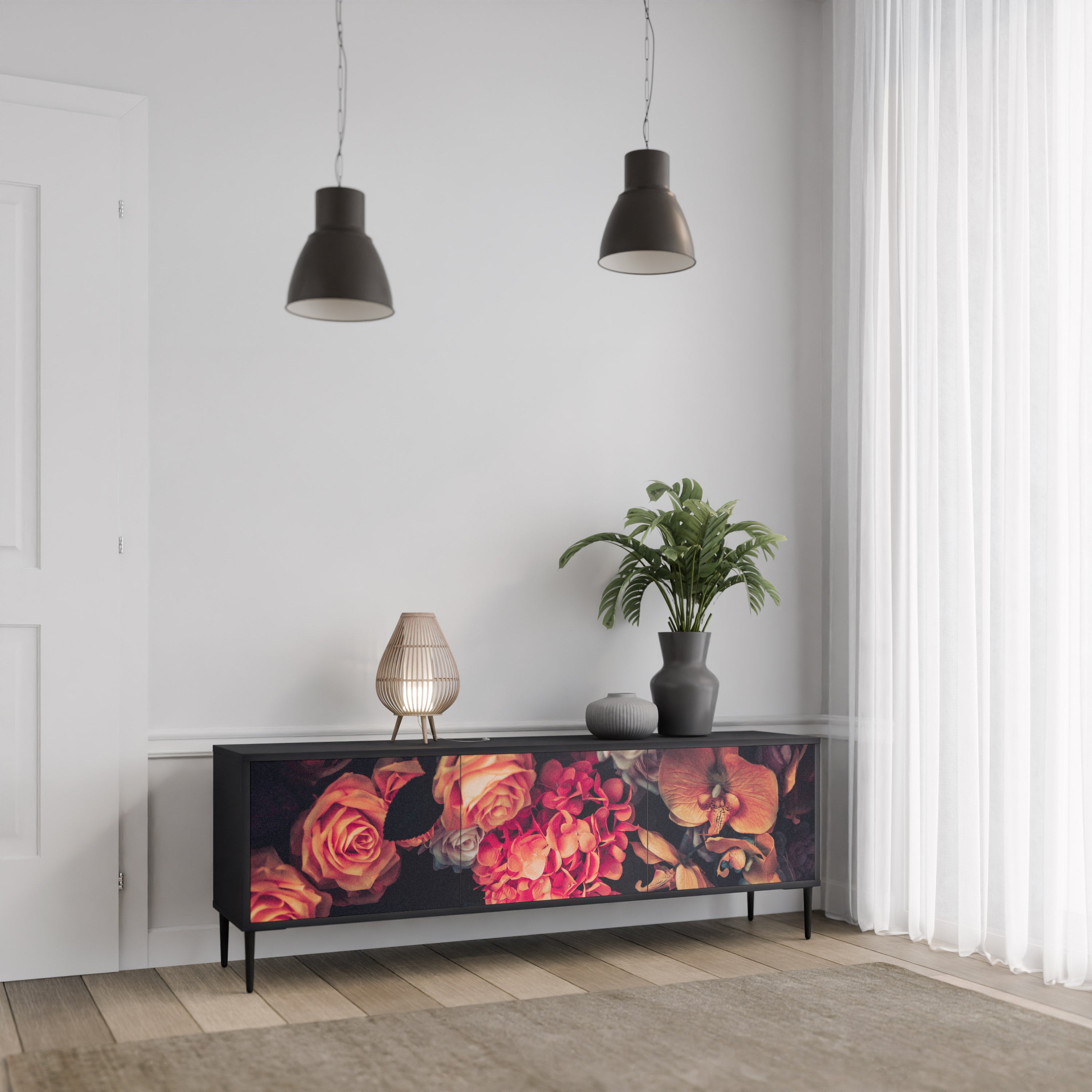 NEVERENDING BLOOM 3-dörrars TV-bänk i svart finish