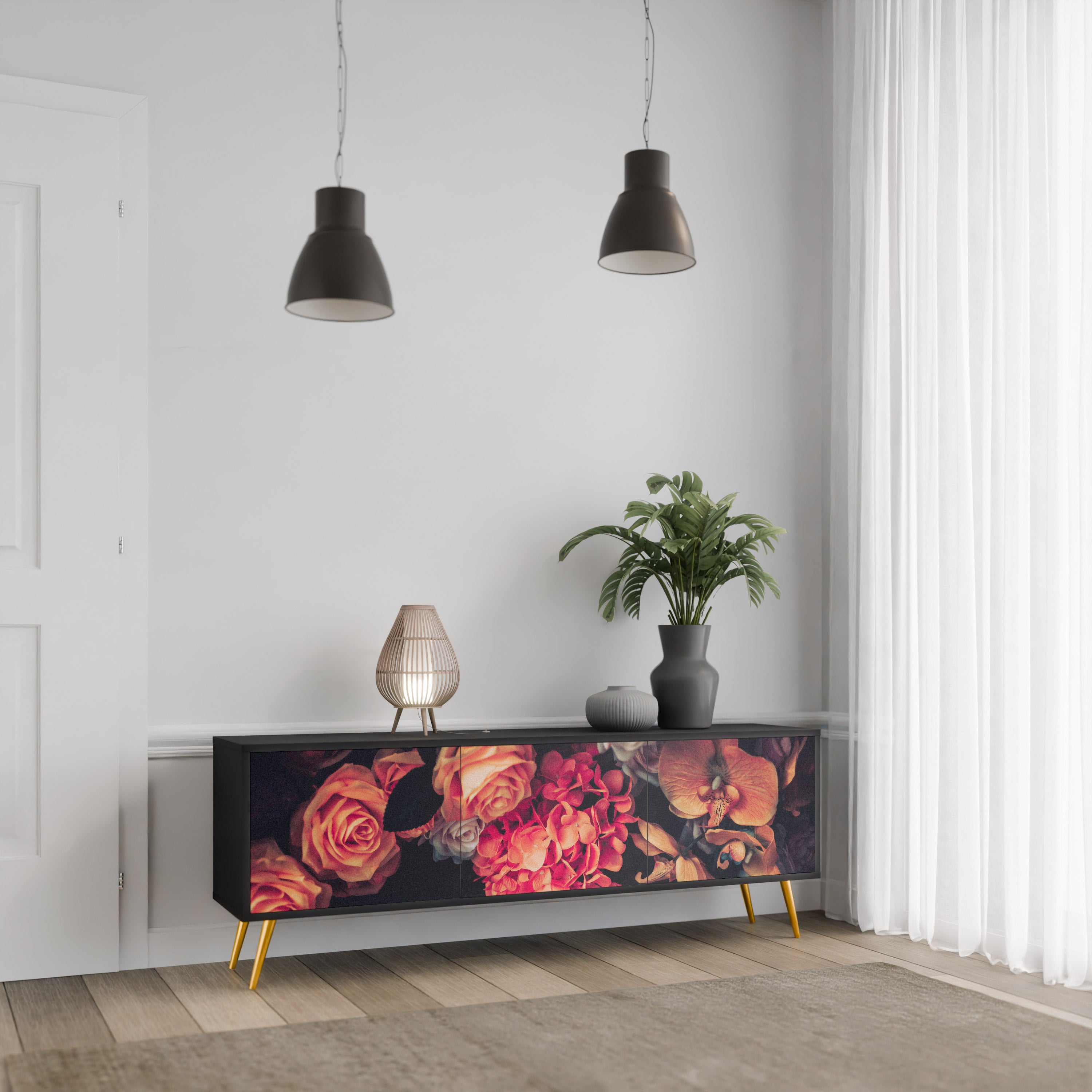 NEVERENDING BLOOM 3-dörrars TV-bänk i svart finish
