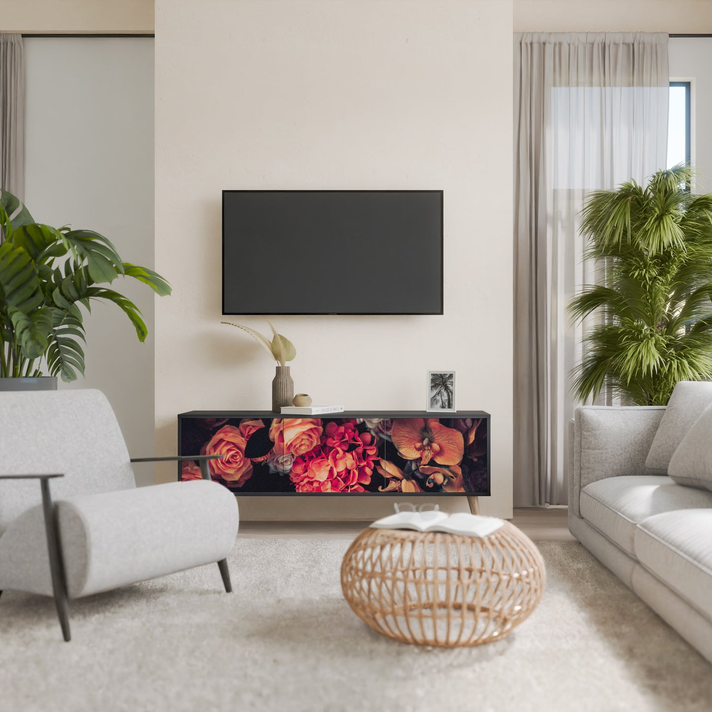 NEVERENDING BLOOM 3-Door TV Stand in Black Finish