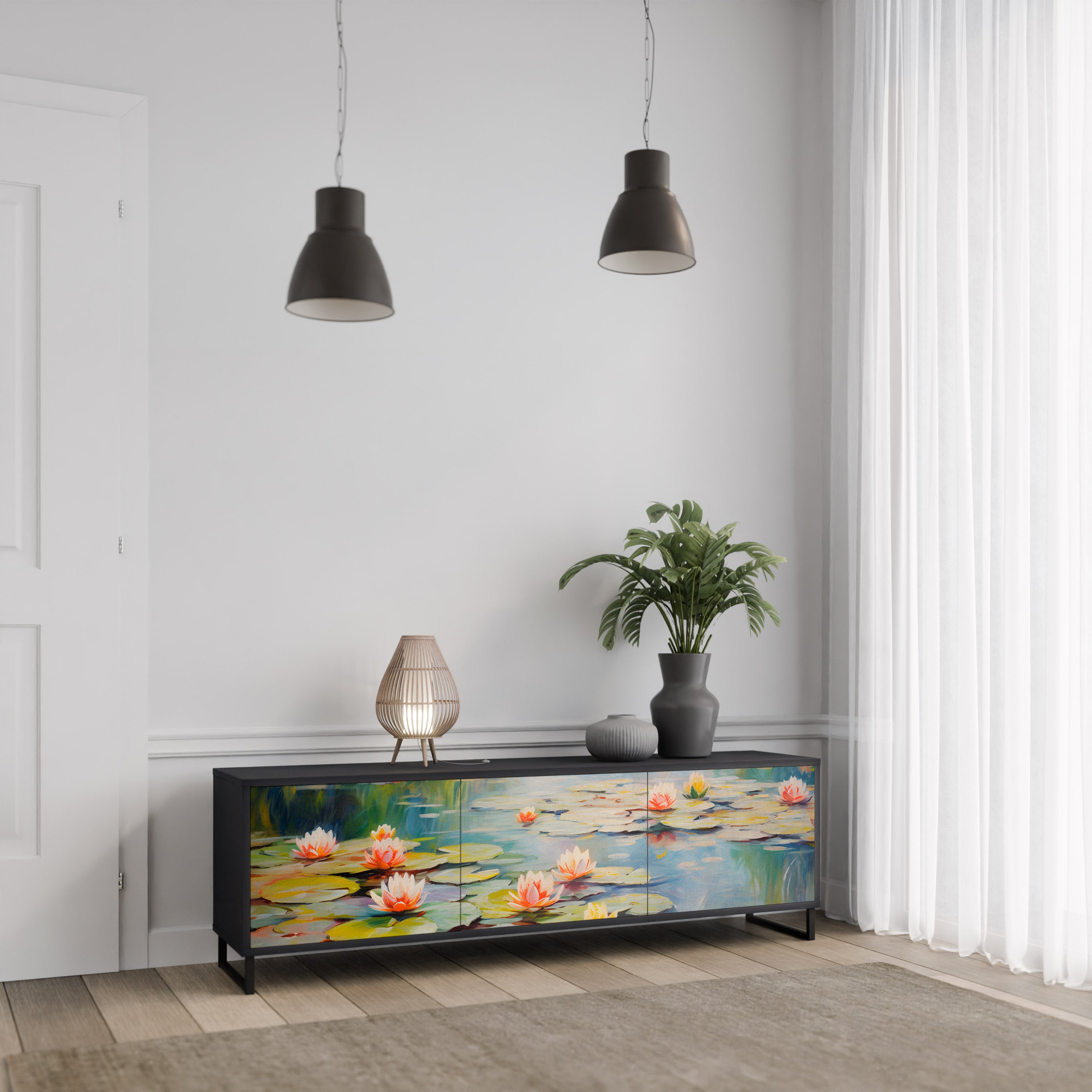 BLOOMING WATERS 3-dörrars TV-bänk i svart finish