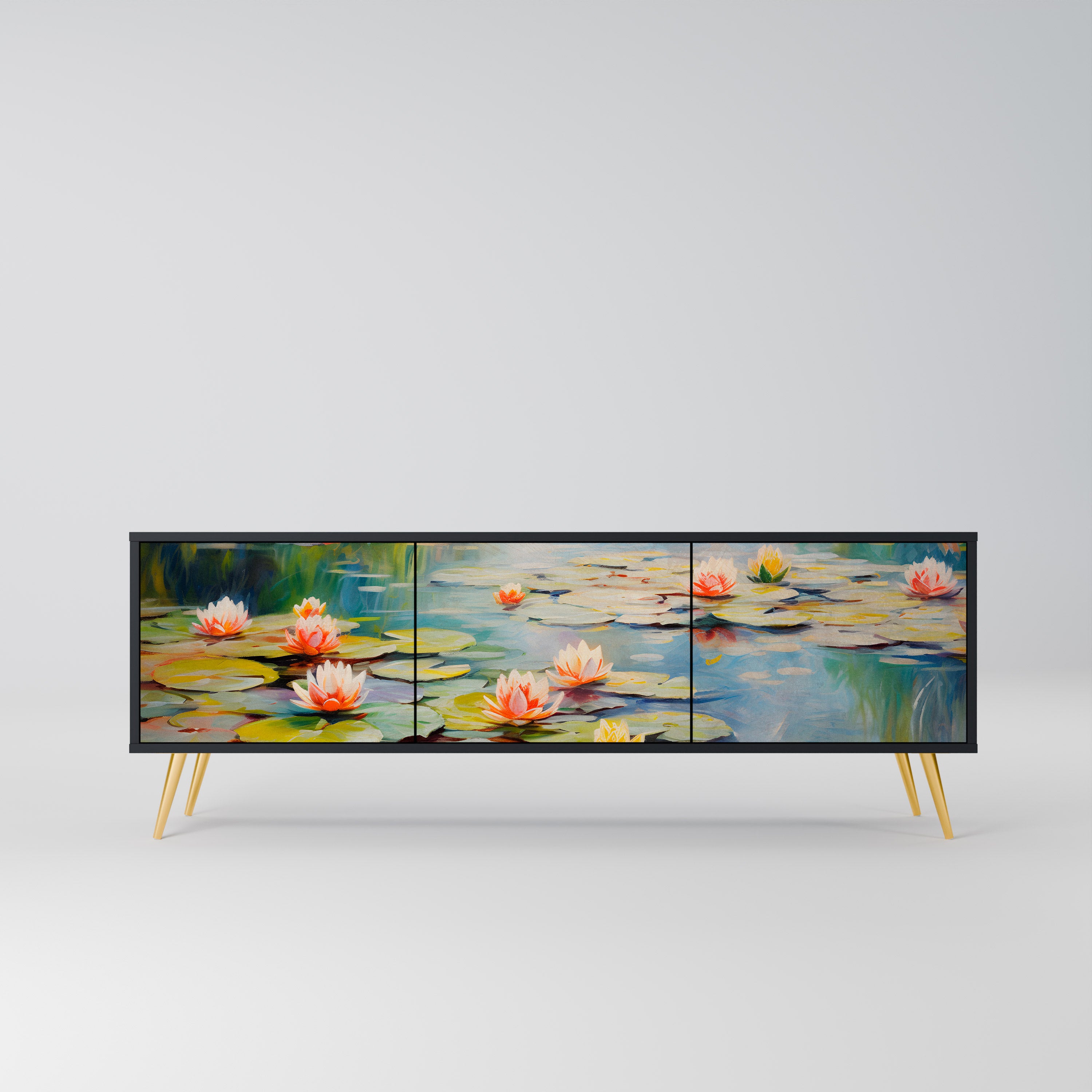 BLOOMING WATERS 3-dörrars TV-bänk i svart finish