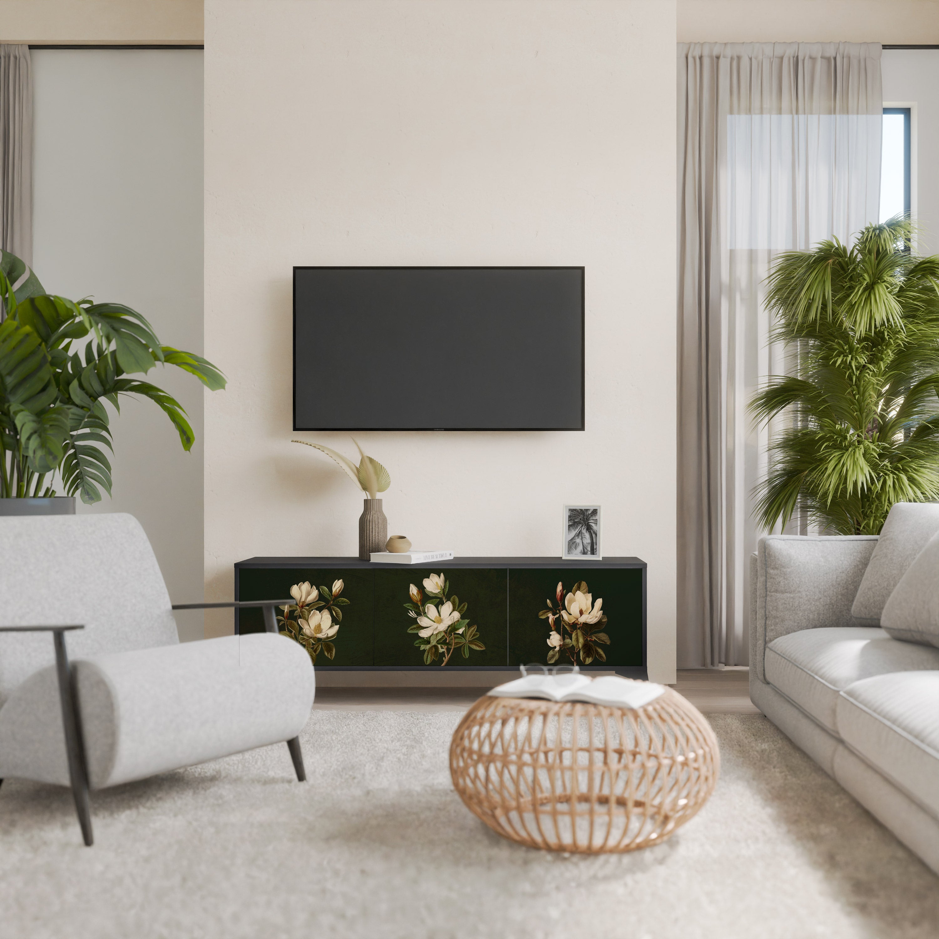 FLORAL NOIR TV-bänk med 3 dörrar i svart finish