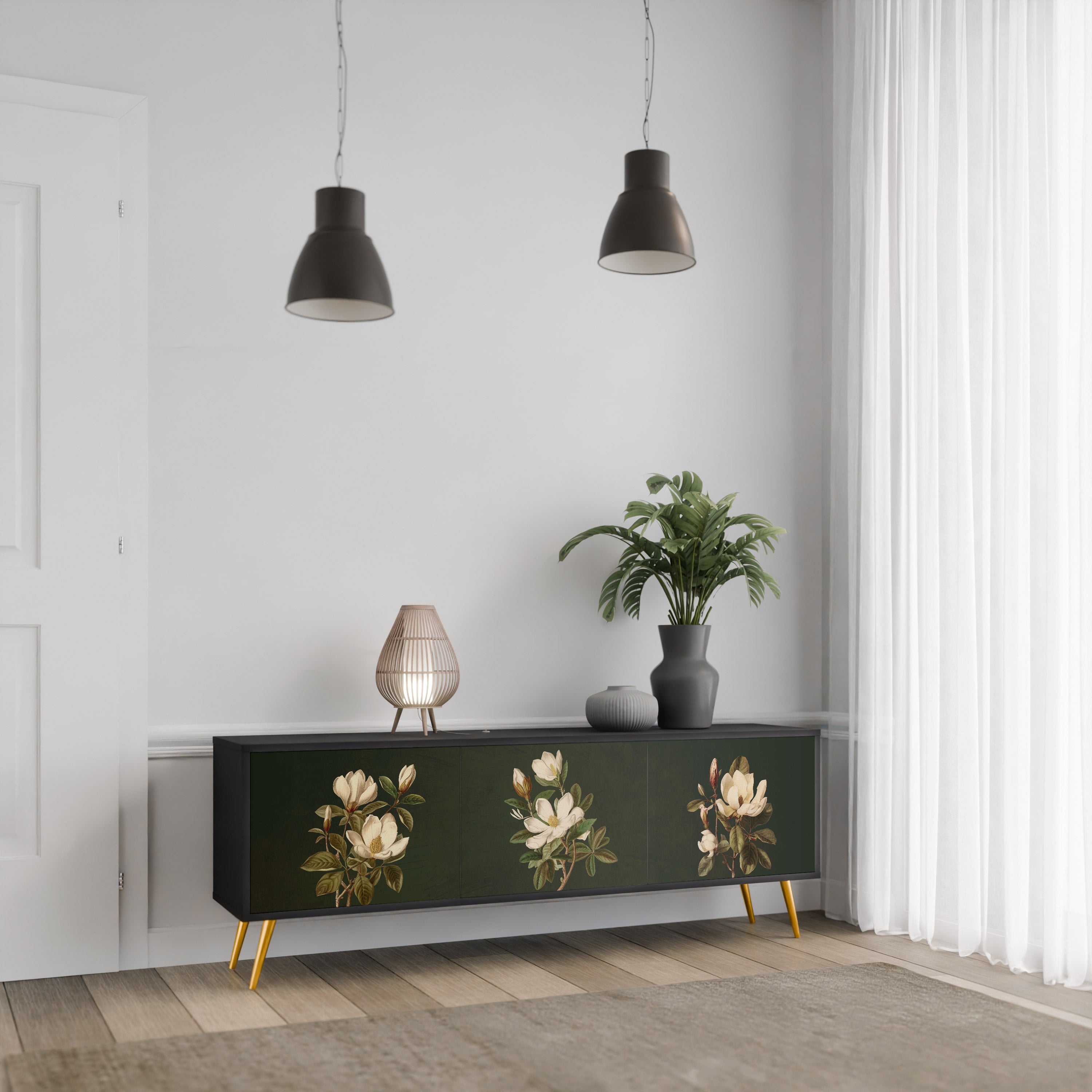 FLORAL NOIR TV-bänk med 3 dörrar i svart finish