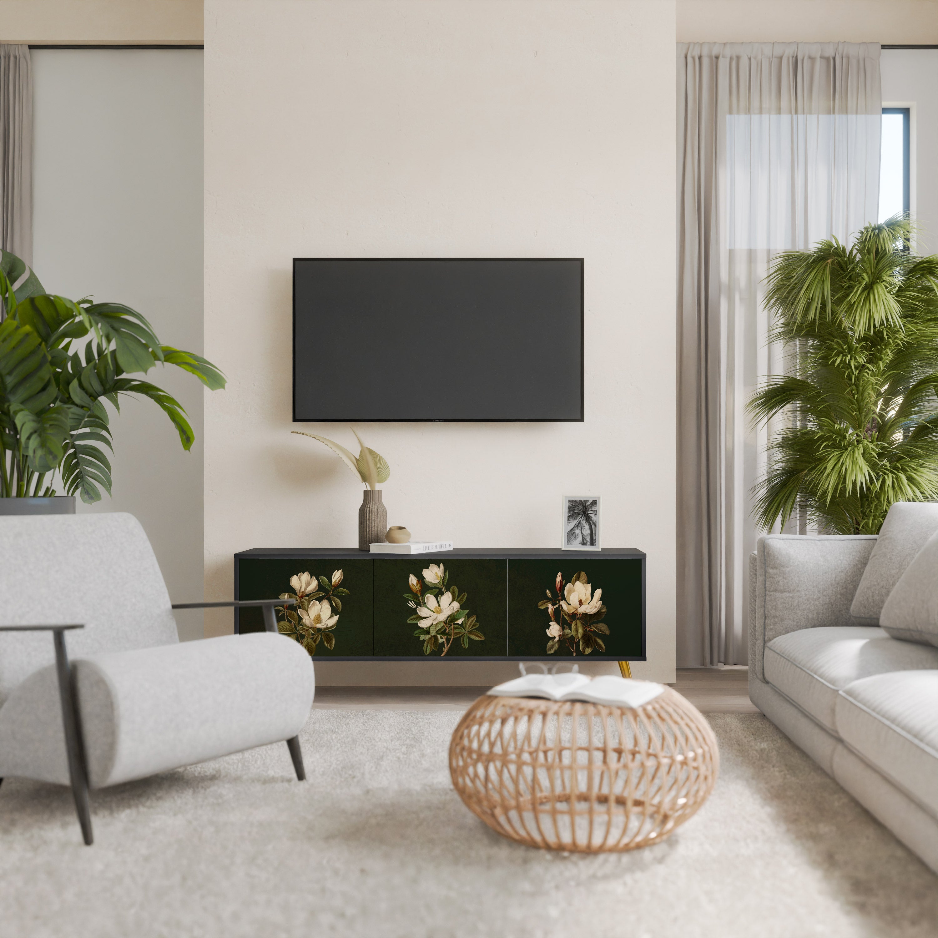 FLORAL NOIR TV-bänk med 3 dörrar i svart finish