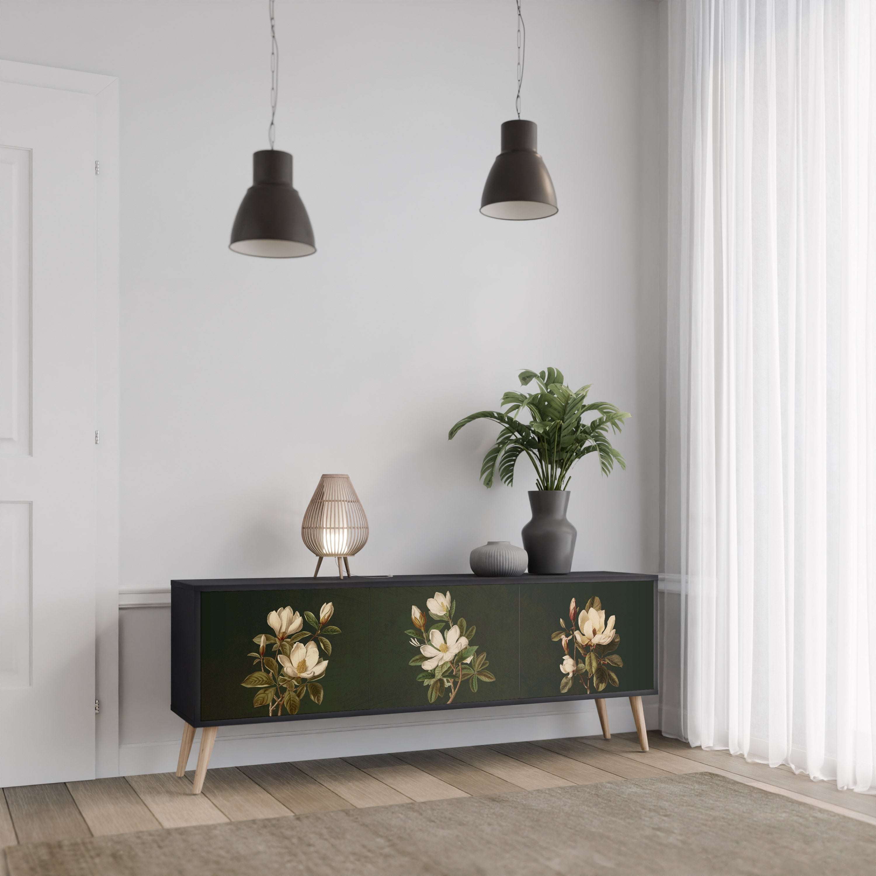 FLORAL NOIR TV-bänk med 3 dörrar i svart finish