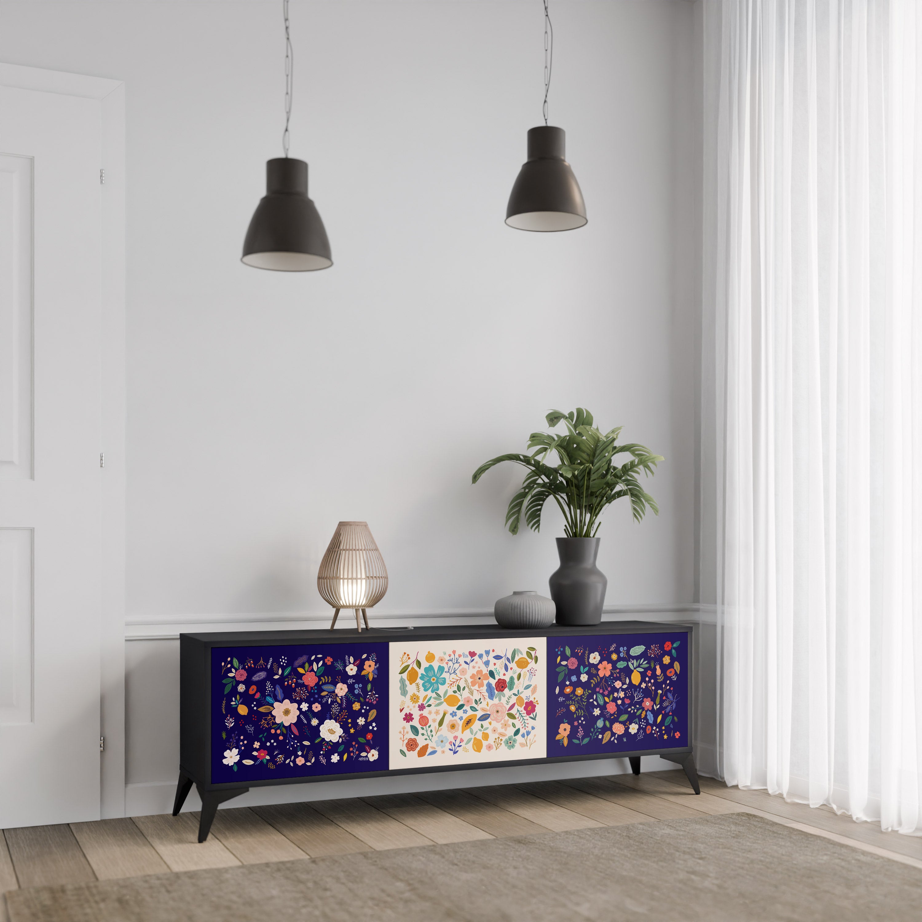 BLOMMA KOMBINATION 3-dörrars TV-bänk i svart finish