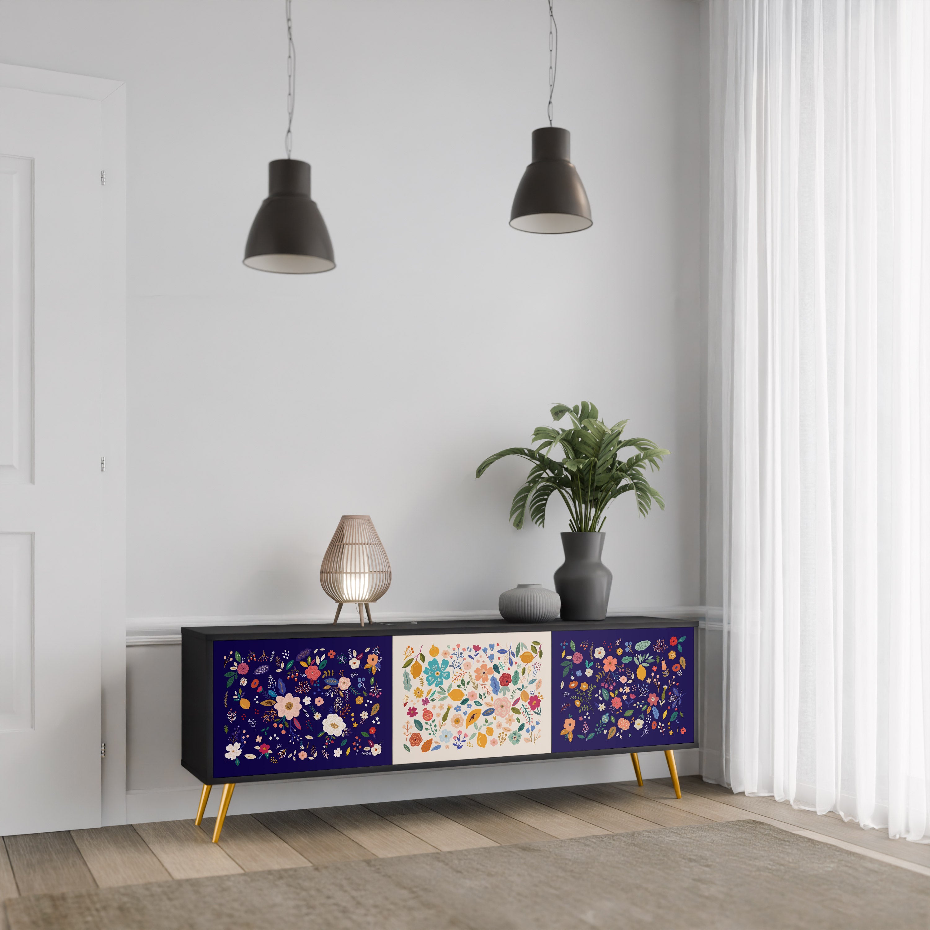 BLOMMA KOMBINATION 3-dörrars TV-bänk i svart finish