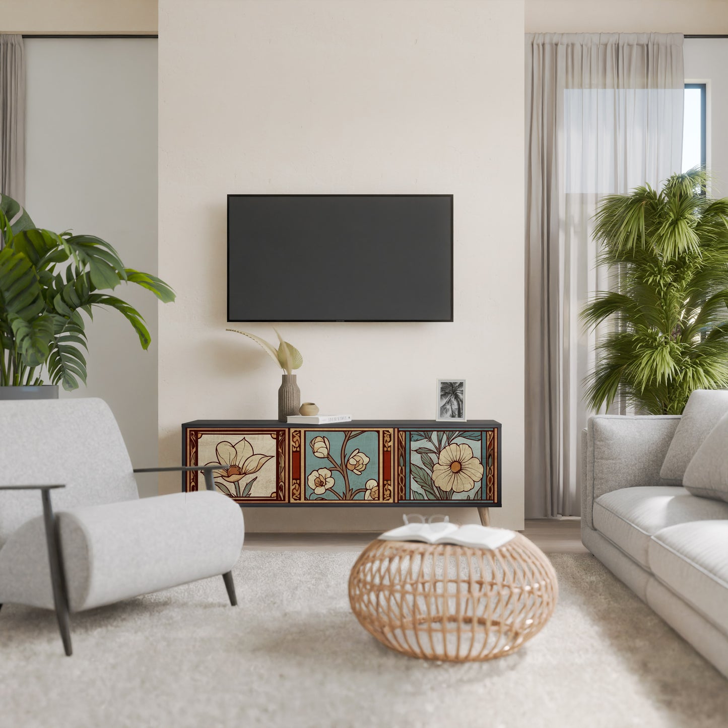 TIMELESS FLORA 3-Door TV Stand in Black Finish