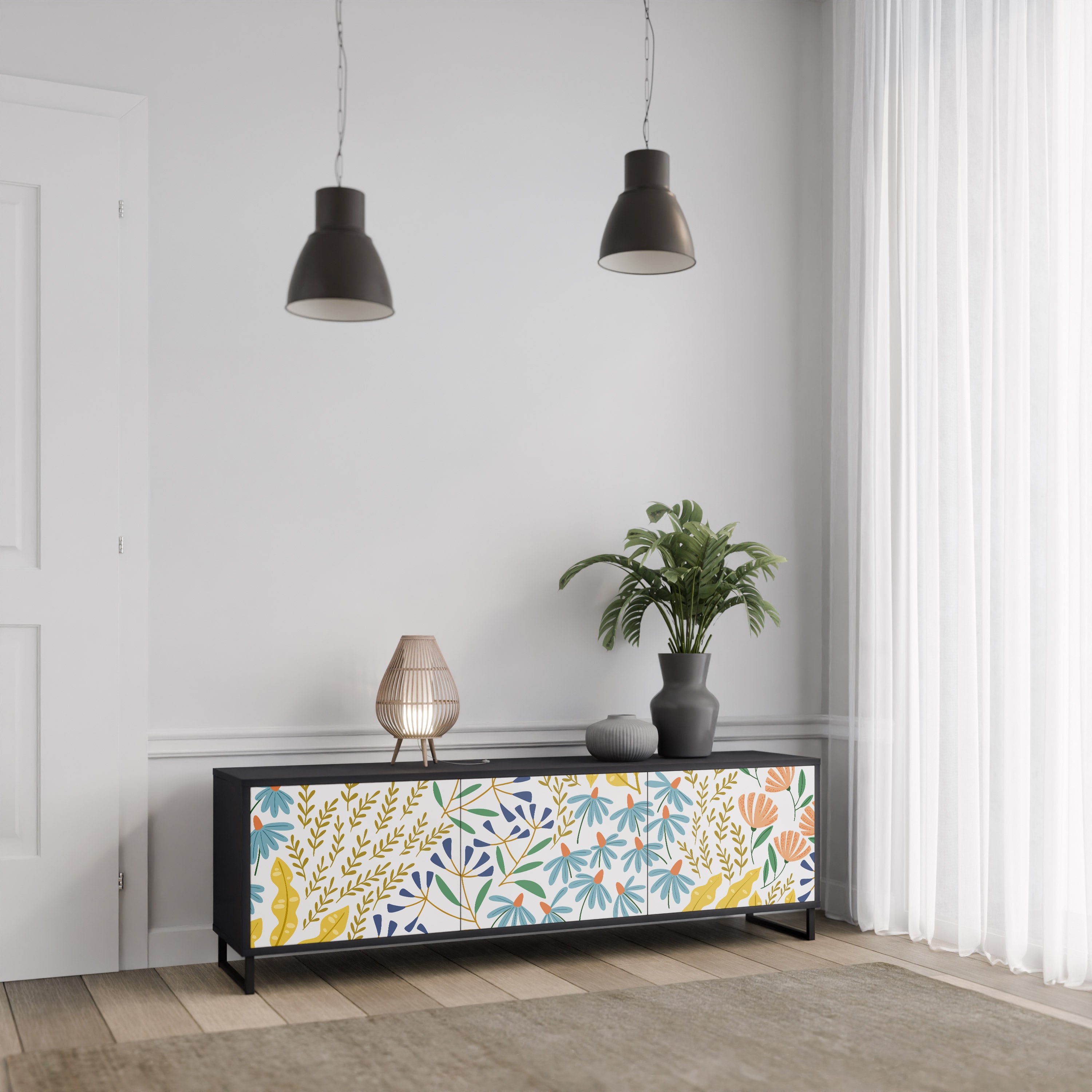 HELLO SPRING TV-bänk med 3 dörrar i svart finish