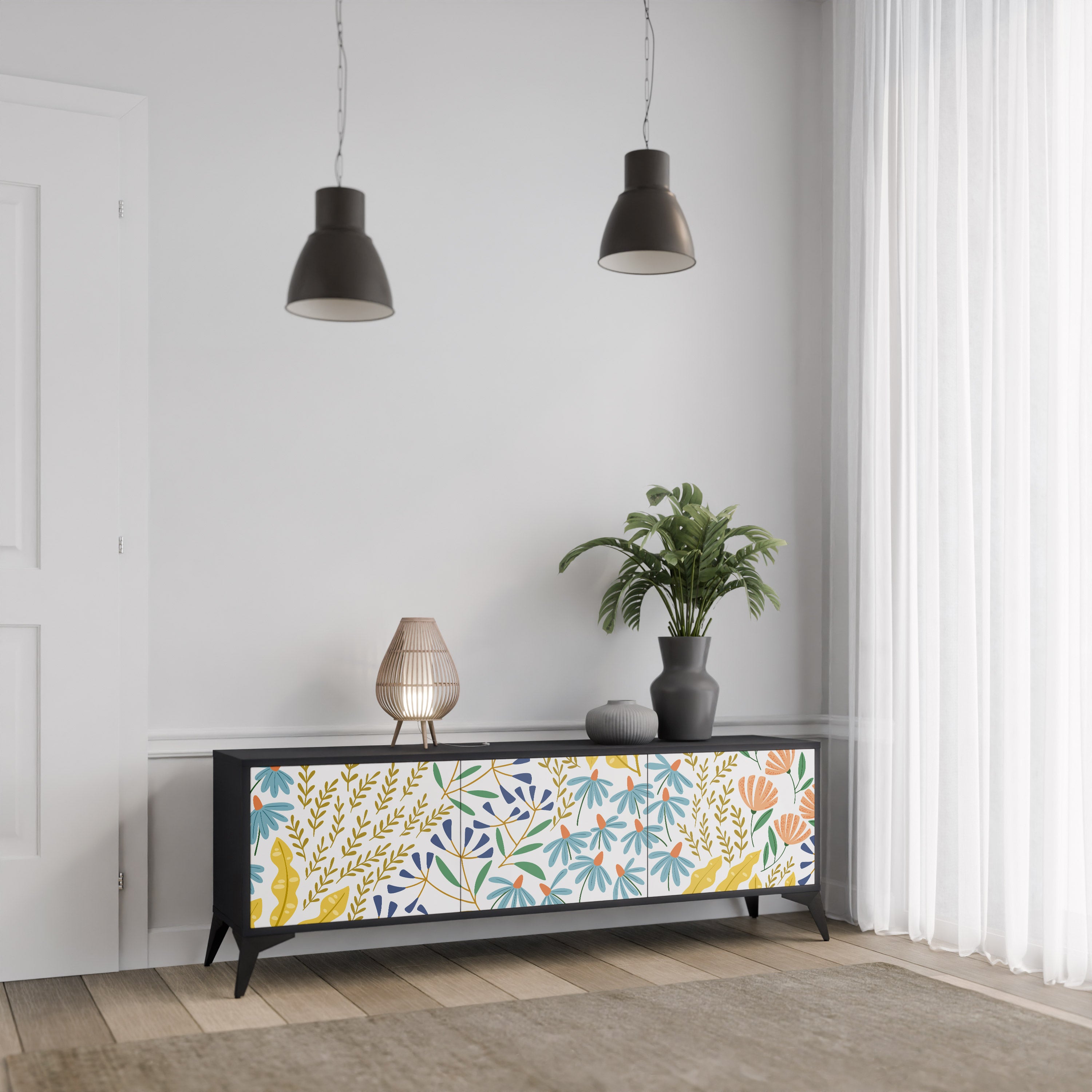 HELLO SPRING TV-bänk med 3 dörrar i svart finish