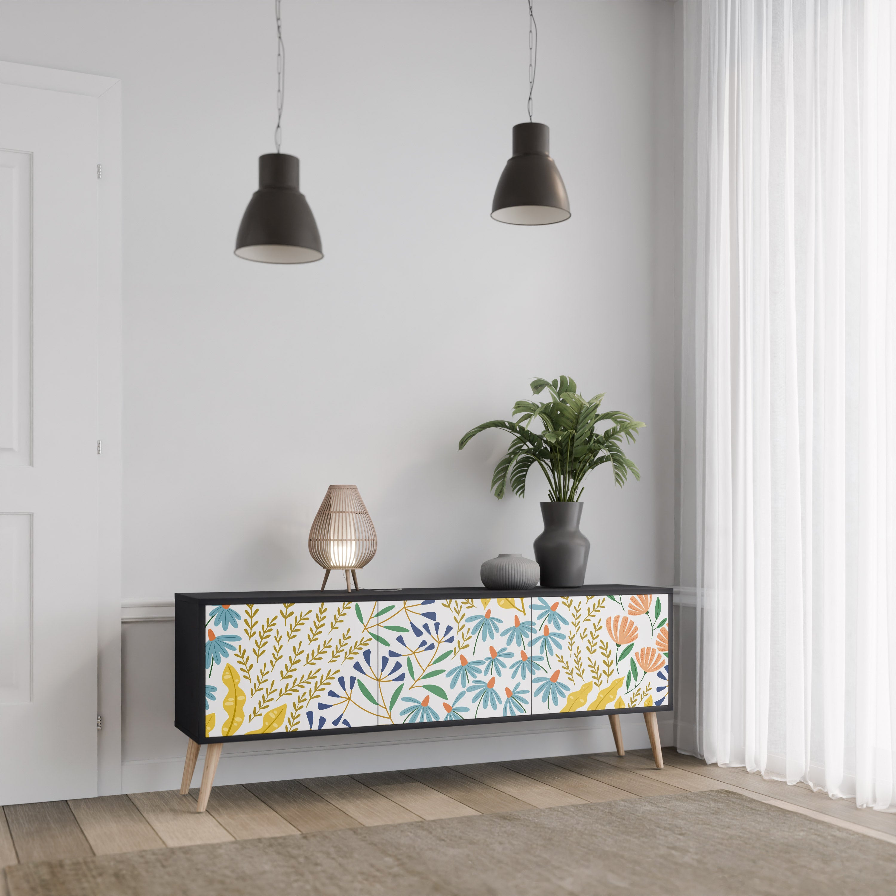 HELLO SPRING TV-bänk med 3 dörrar i svart finish