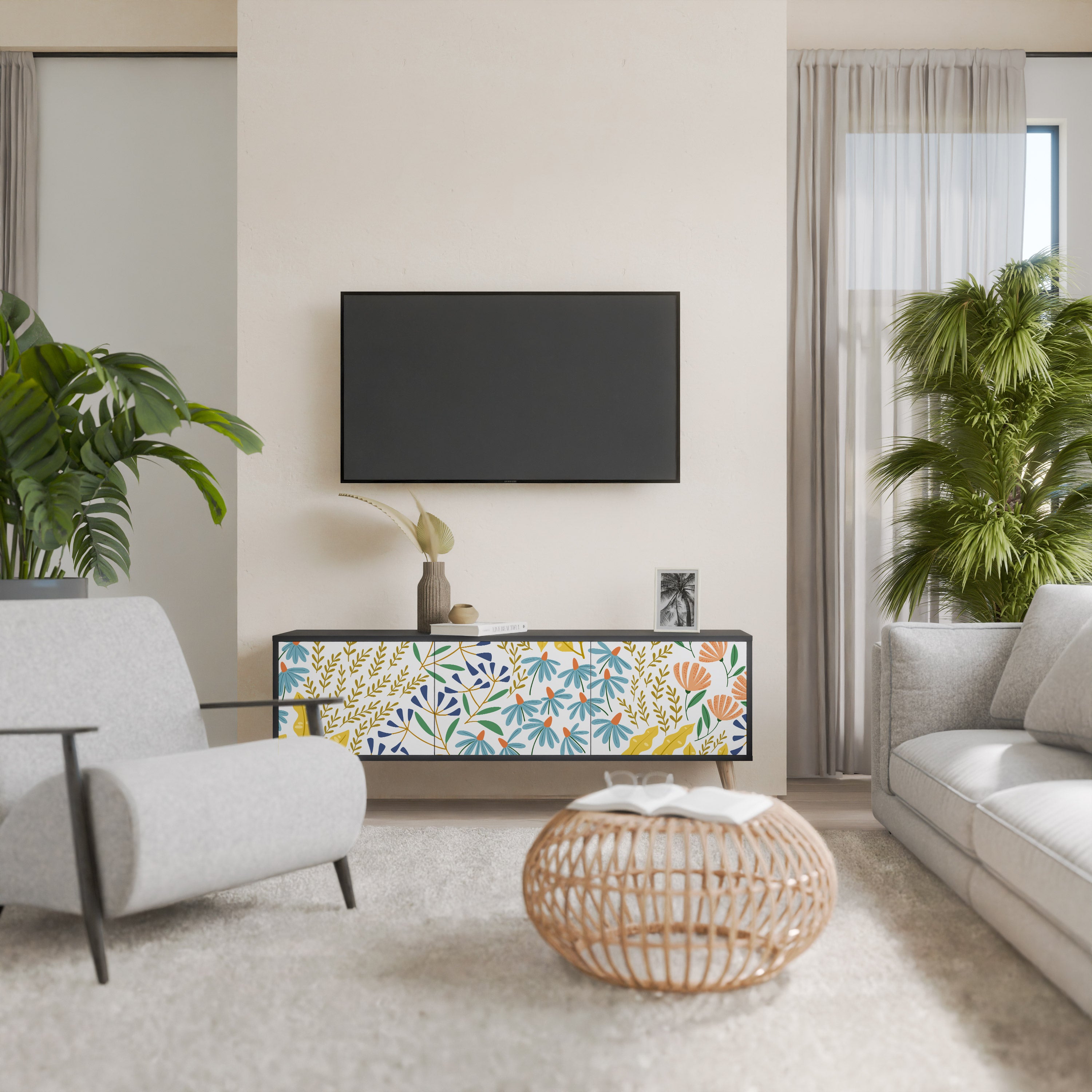 HELLO SPRING TV-bänk med 3 dörrar i svart finish
