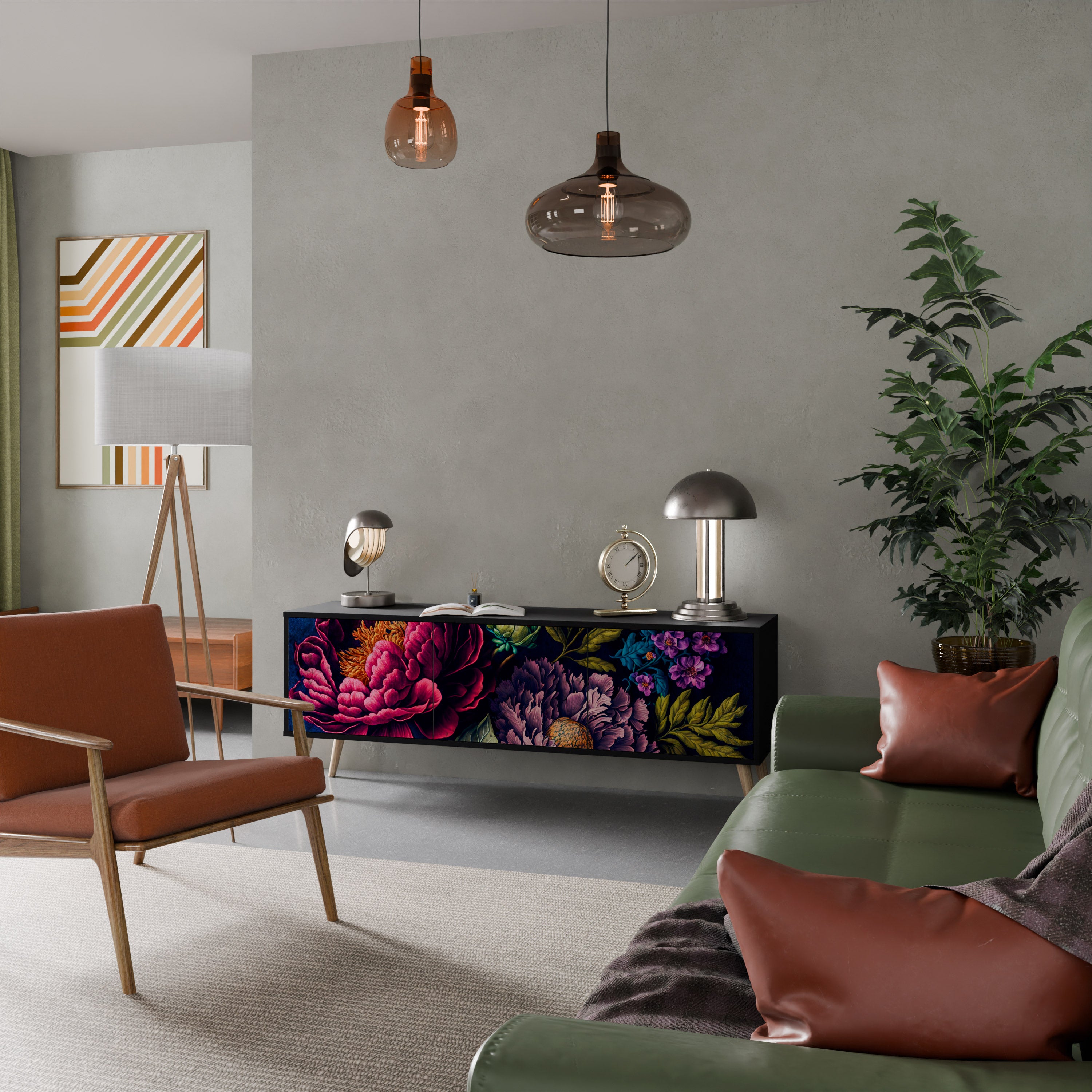 BLOOMING ELEGANCE 3-dörrars TV-bänk i svart finish