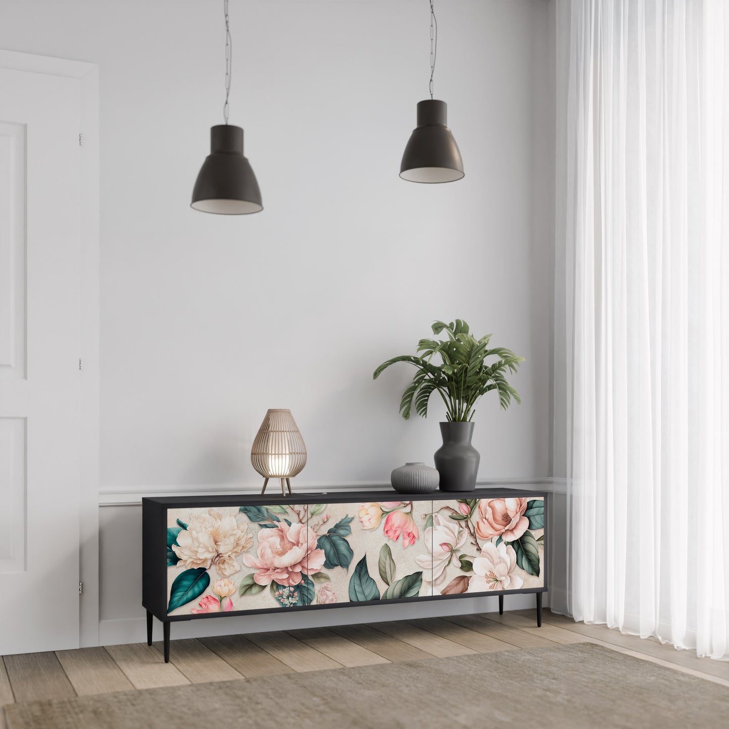 FLORAL GRACE 3-dörrars TV-bänk i svart finish
