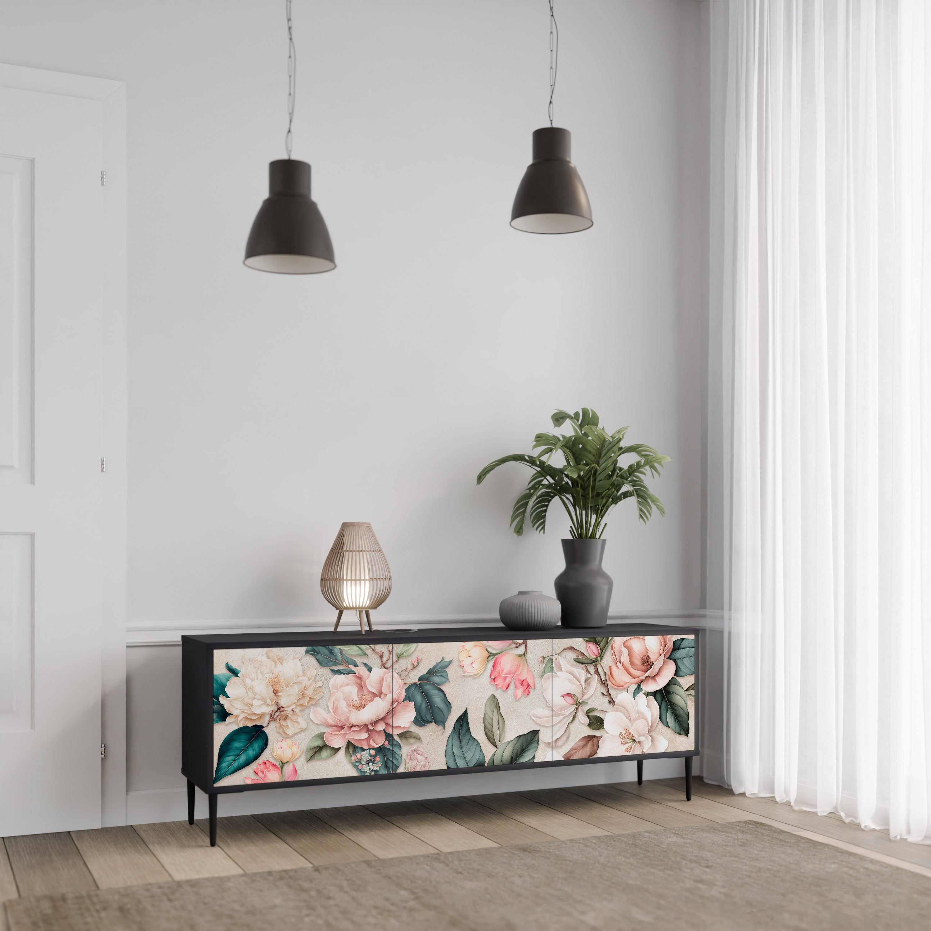 FLORAL GRACE 3-dörrars TV-bänk i svart finish