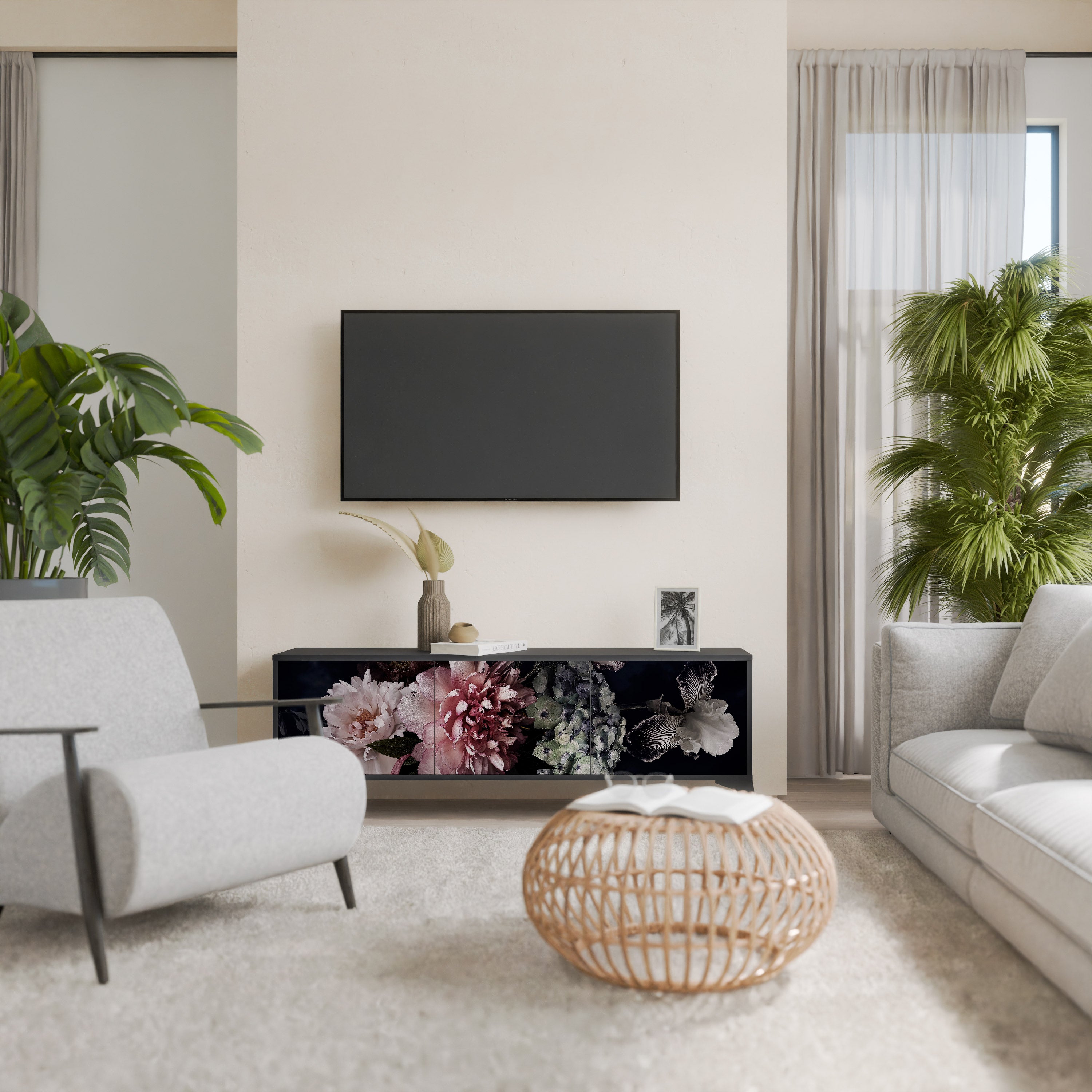 PURE BLOSSOM 3-dörrars TV-bänk i svart finish
