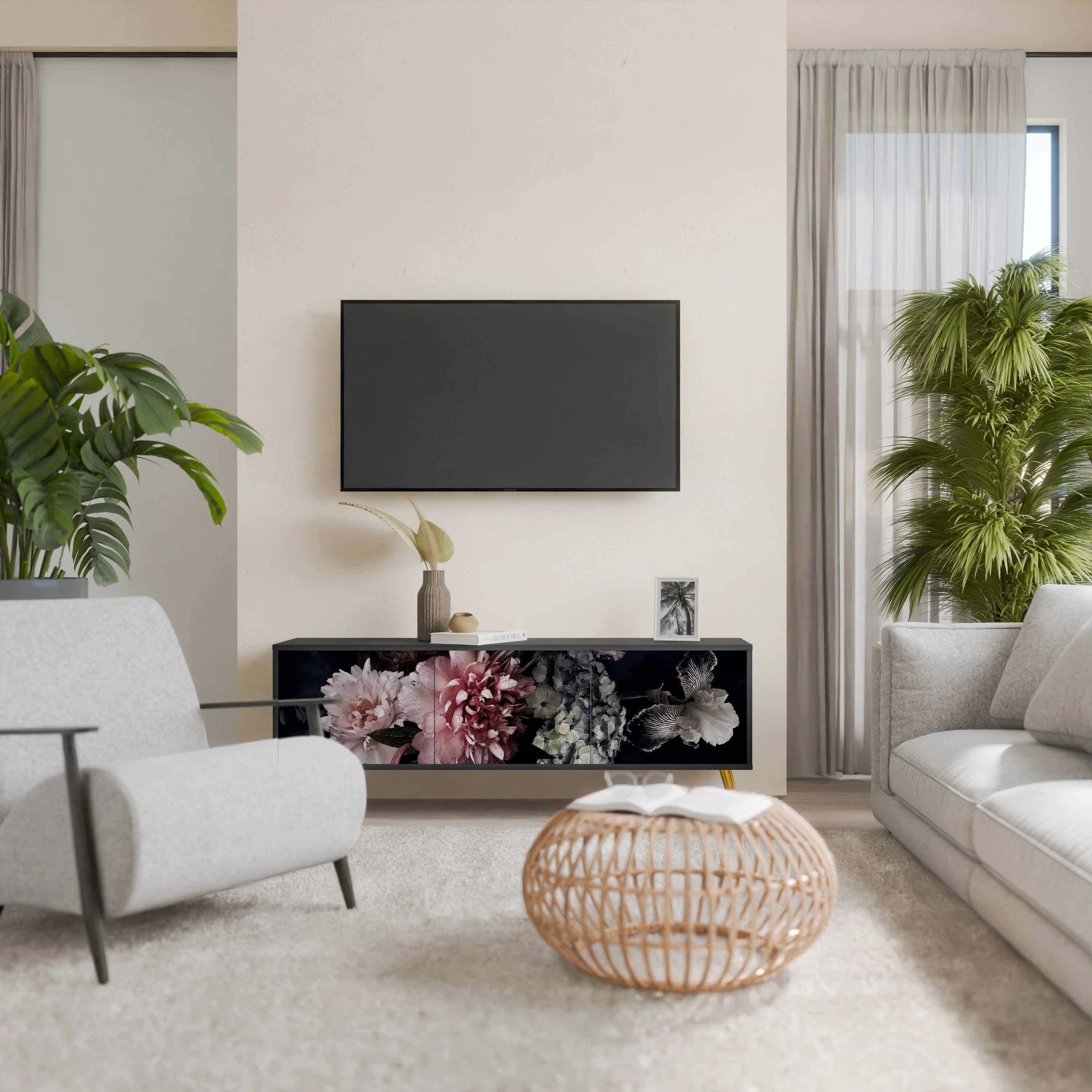 PURE BLOSSOM 3-dörrars TV-bänk i svart finish