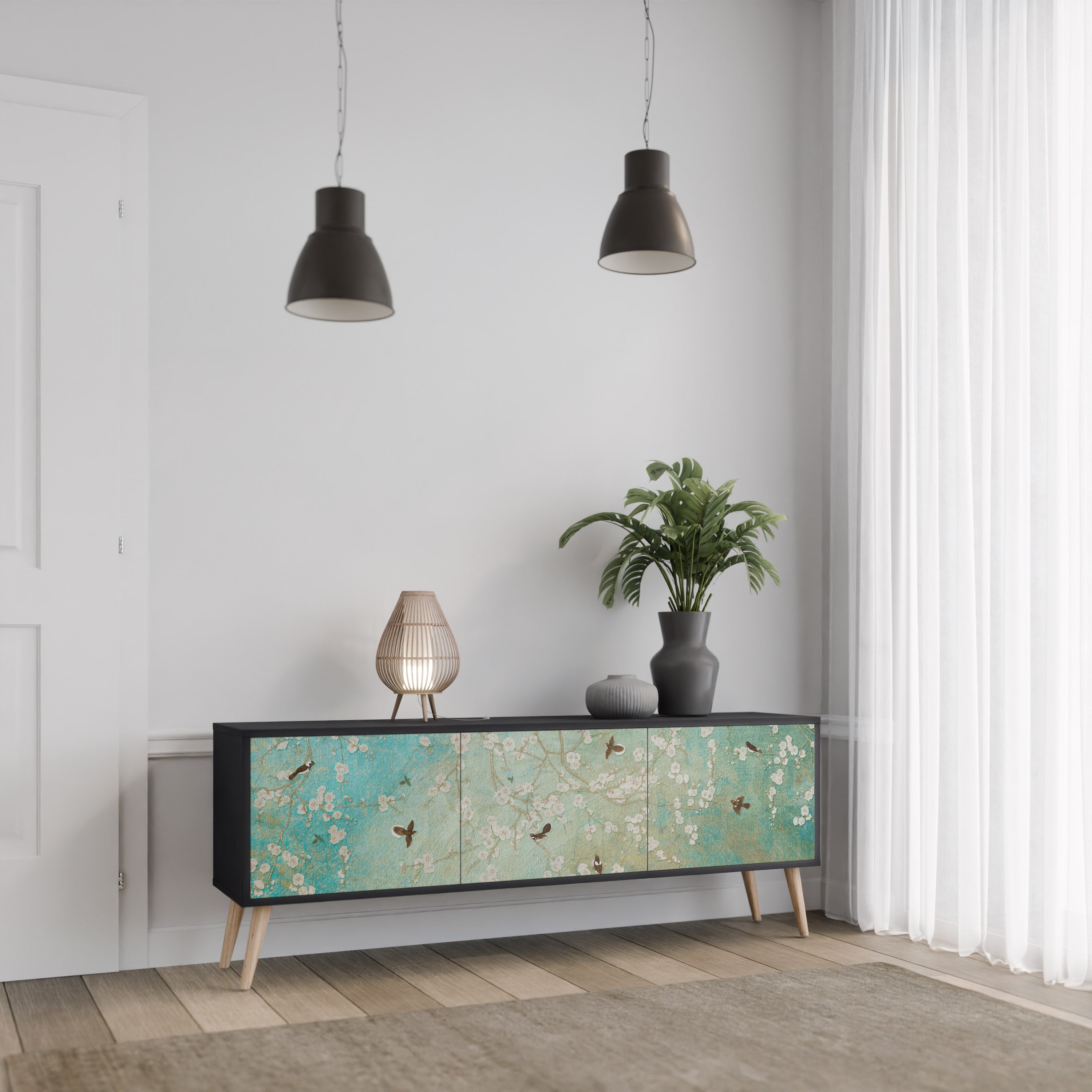 BLOOMING CHARM 3-dörrars TV-bänk i svart finish
