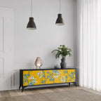 YELLOW CHINOISERIE 3-Door TV Stand in Black Finish
