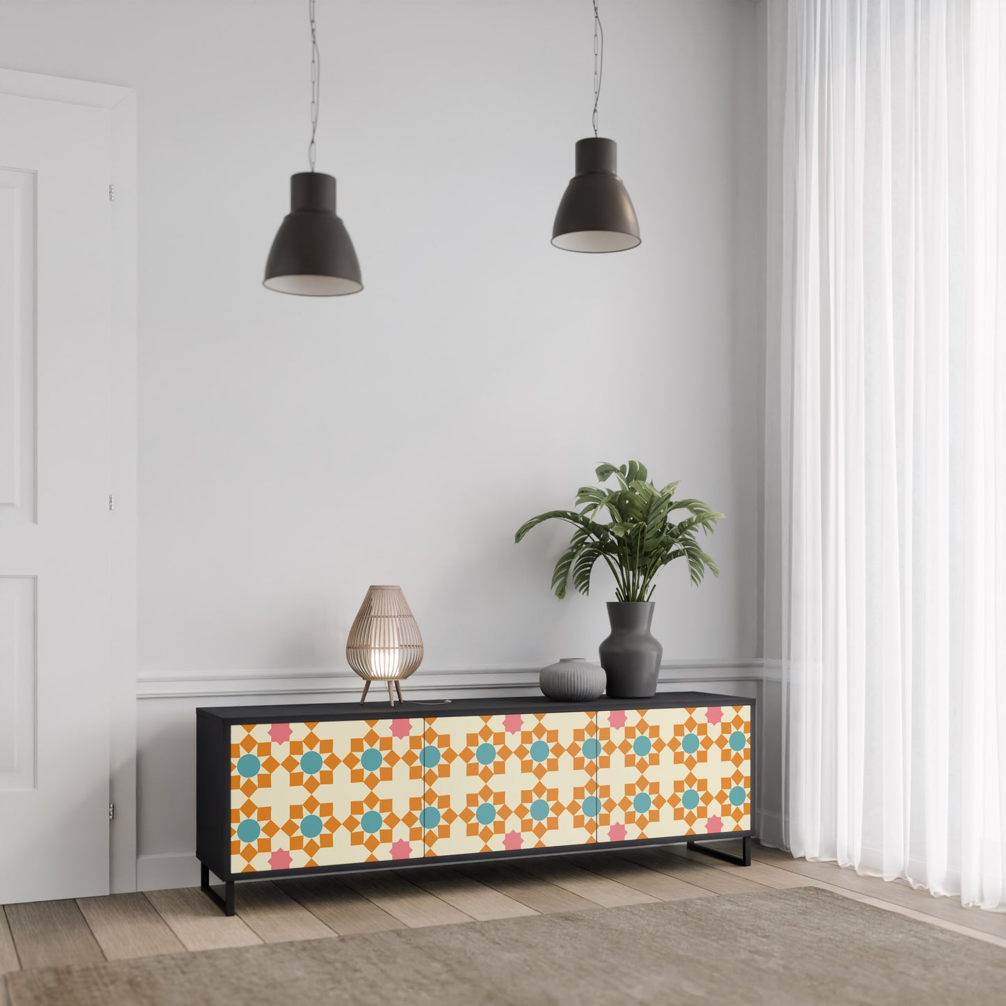 FLORAL DECOR 3-dörrars TV-bänk i svart finish