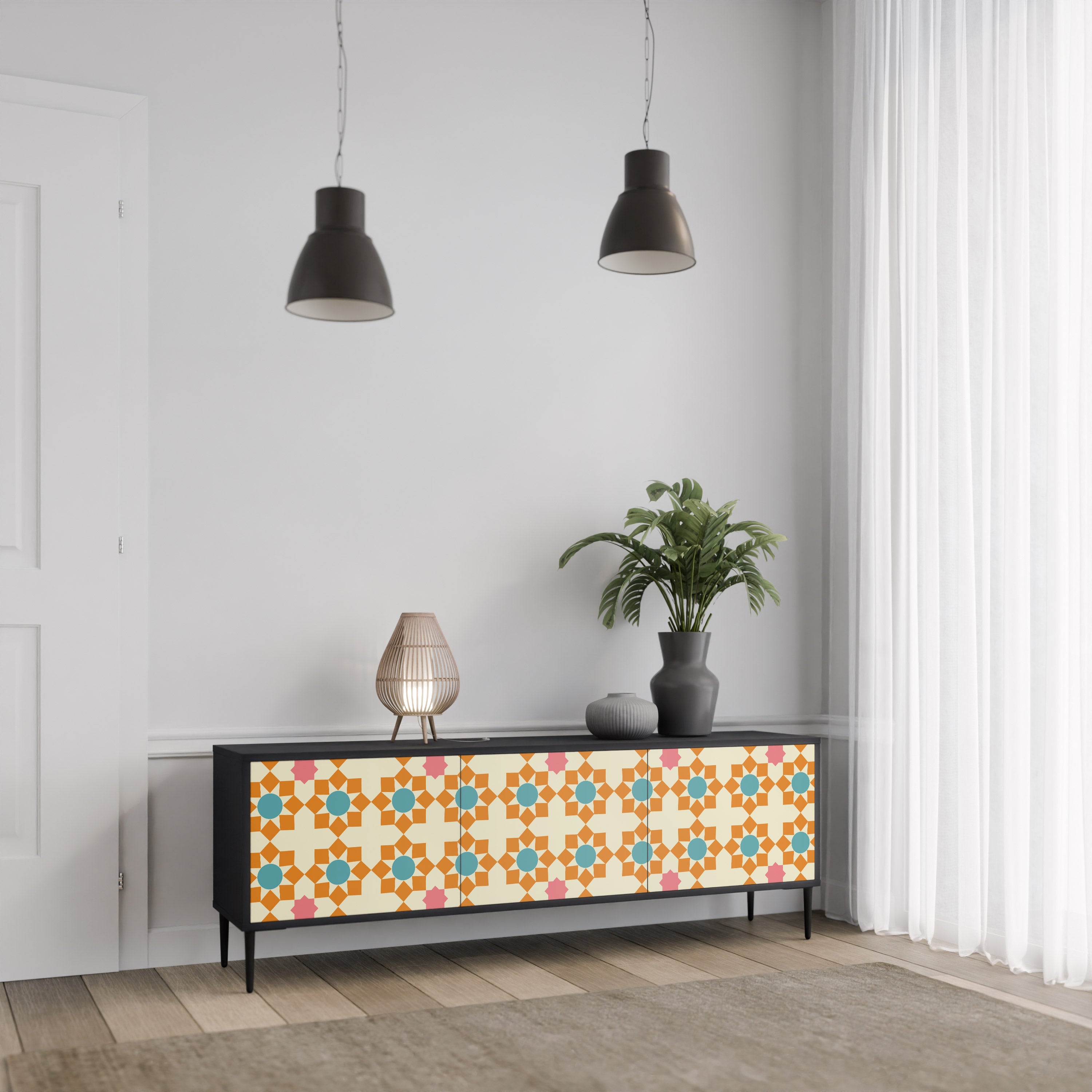 FLORAL DECOR 3-dörrars TV-bänk i svart finish