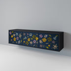 FLOWERS ON NAVY BLUE 3-Door TV Stand in Black Finish