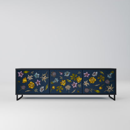 BLOMMOR PÅ MARINBLÅT 3-dörrars TV-bänk i svart finish