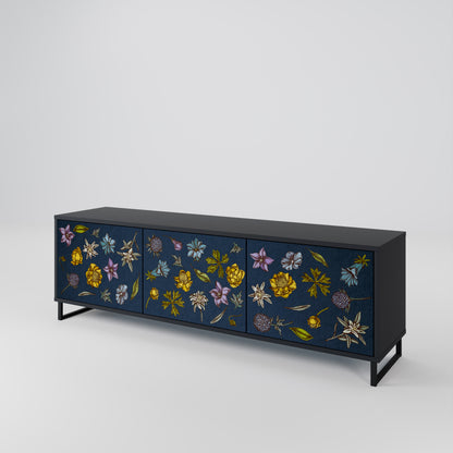 BLOMMOR PÅ MARINBLÅT 3-dörrars TV-bänk i svart finish