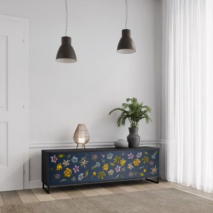 BLOMMOR PÅ MARINBLÅT 3-dörrars TV-bänk i svart finish
