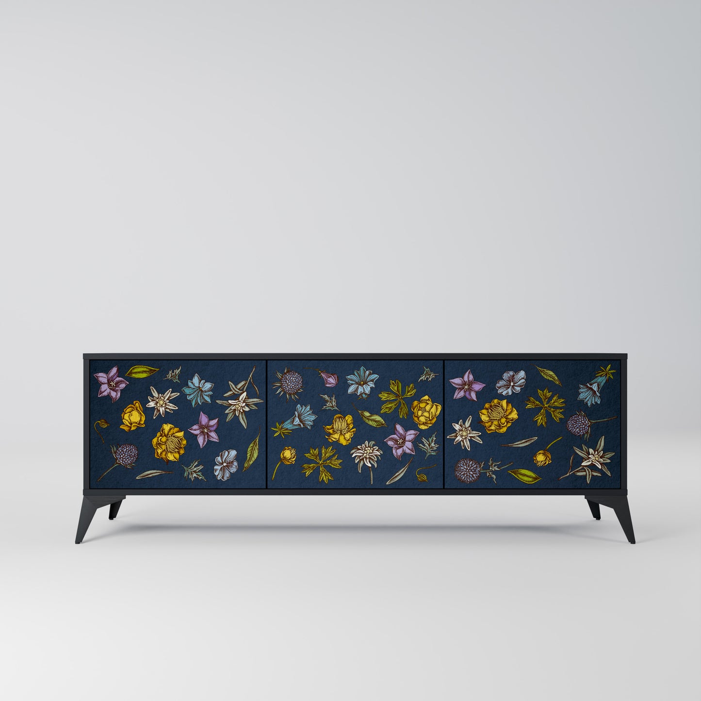 BLOMMOR PÅ MARINBLÅT 3-dörrars TV-bänk i svart finish