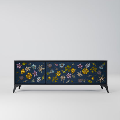 BLOMMOR PÅ MARINBLÅT 3-dörrars TV-bänk i svart finish